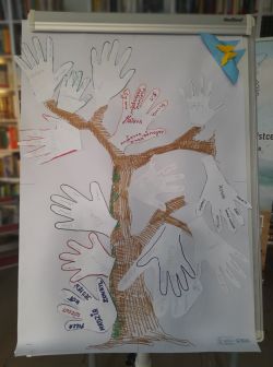 Zdjęcie przedstawia rysunek drzewa i podpisy z imionami uczestników zajęć.