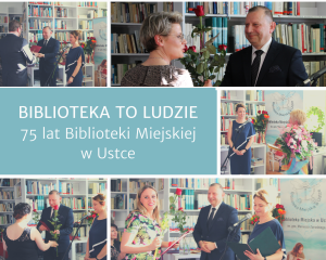 Kolaż zdjęć z uroczystości 75 lat Biblioteki Miejskiej w Ustce