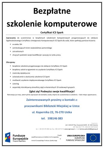 Infografika - zapis na kursy komputerowe dla certyfikatu IC3 Spark - zapisy w Bibliotece Miejskiej w Ustce