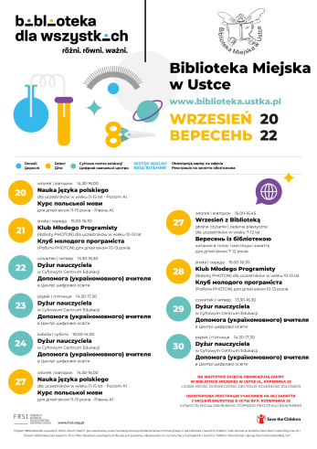 infografika informująca o wrzesniowych działaniach w bibliotece w ramach projektu Biblioteka dla Wszystkich