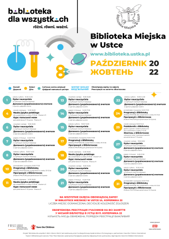 infografika informująca o wrzesniowych działaniach w bibliotece w ramach projektu Biblioteka dla Wszystkich
