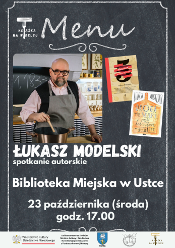 Infografika dotyczaca spotkania autorskiego z Lukaszem Modelskim ktore odbedzie sie 23 pazdziernika o godz 17:00