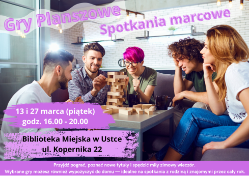 Infografika odnosnie lutowych spotkan z grami planszowymi - 13 i 27 lutego w godz. 16-20