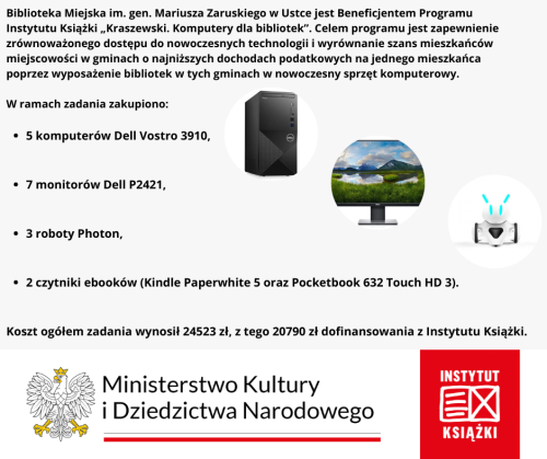 Infografika informujaca o dotacji w ramach programu kraszewski komputery dla biblotek