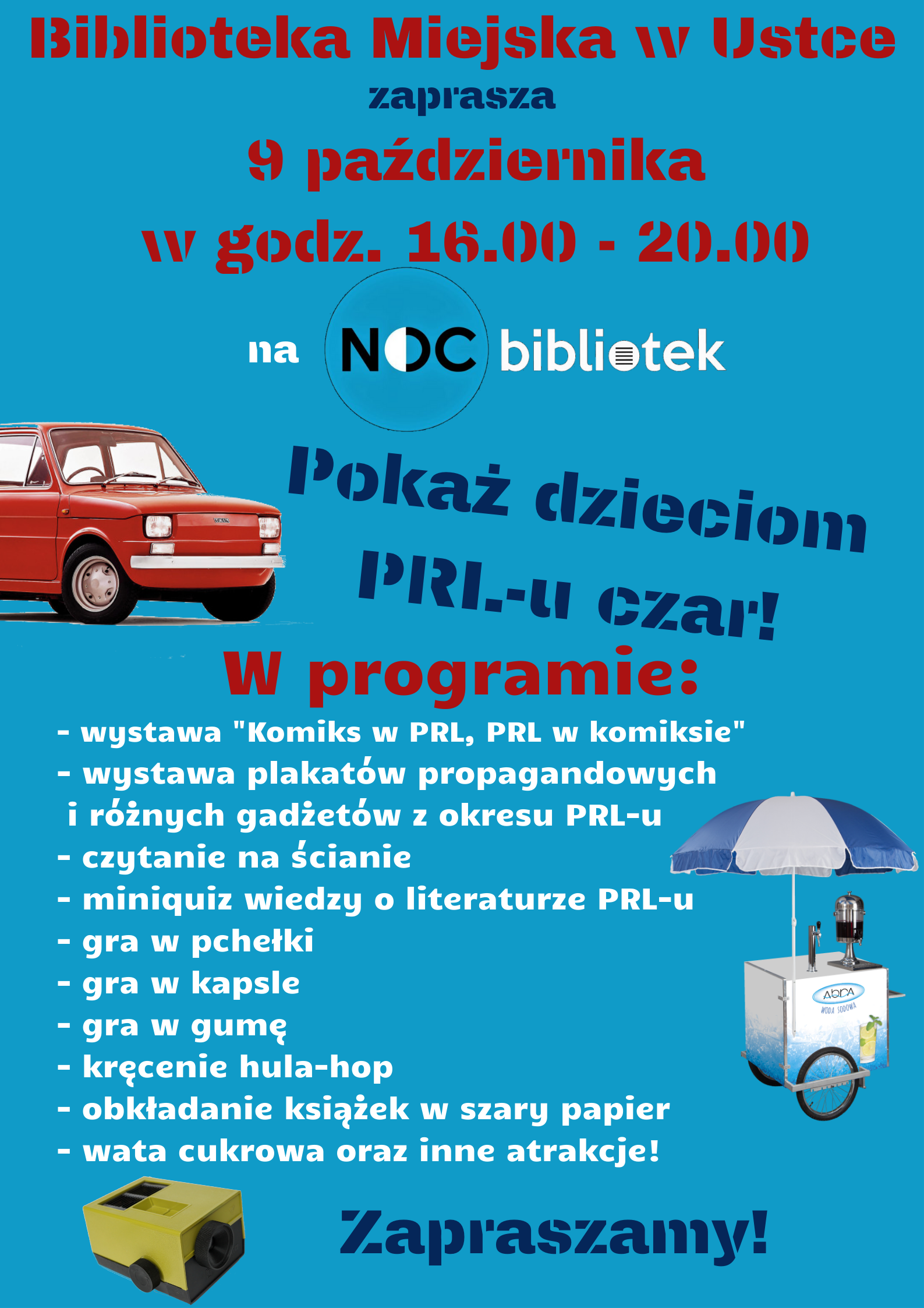 Infografika zapraszająca na Noc Bibliotek 9 października w godz. 16-20