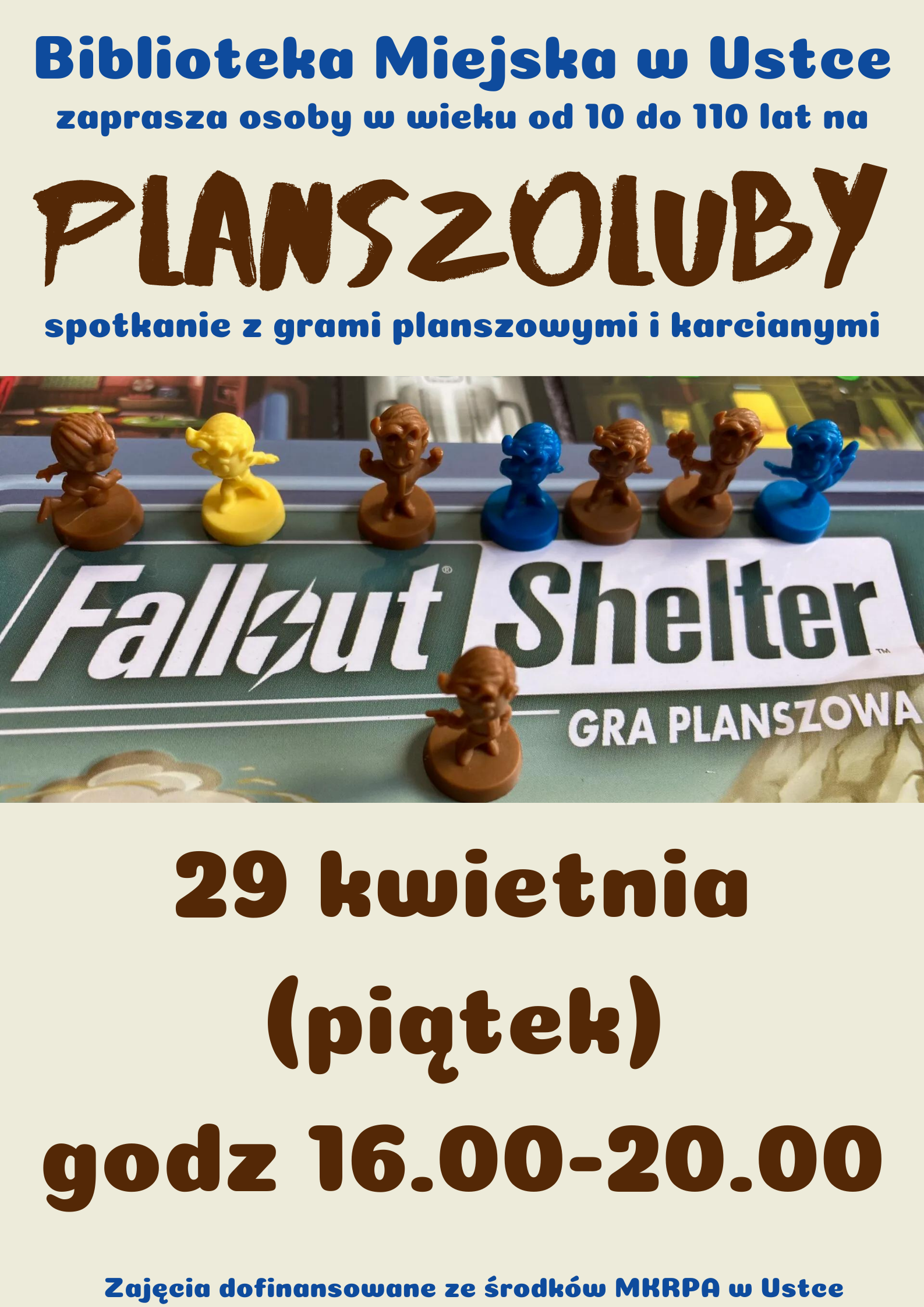 Infografika odnośnie spotkania z grami planszowymi i karcianymi, 29 kwietnia w godz 16-20