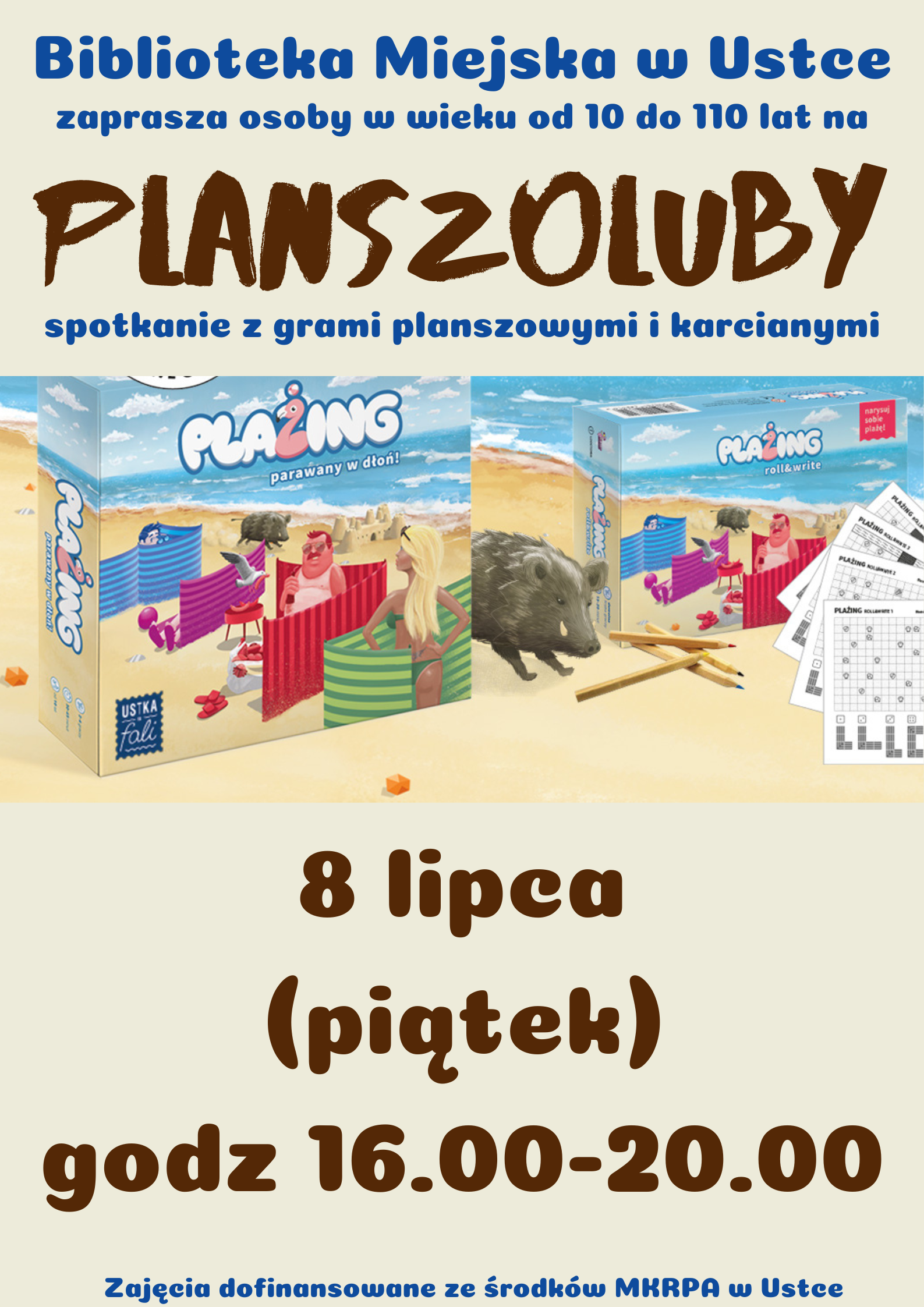 Infografika odnośnie spotkania z grami planszowymi i karcianymi, 8 lipca w godz 16-20