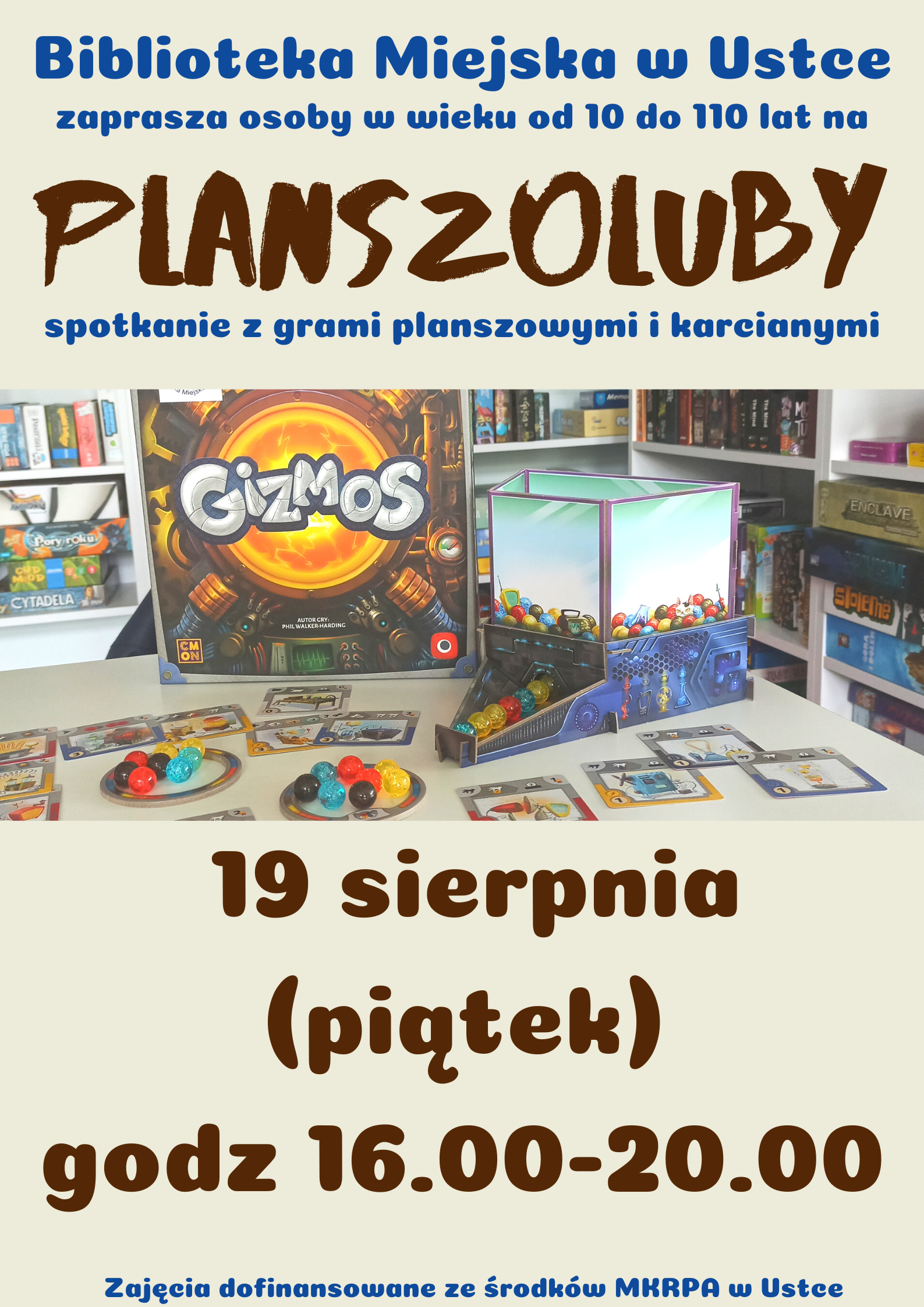 Infografika odnośnie spotkania z grami planszowymi i karcianymi, 19 sierpnia w godz 16-20