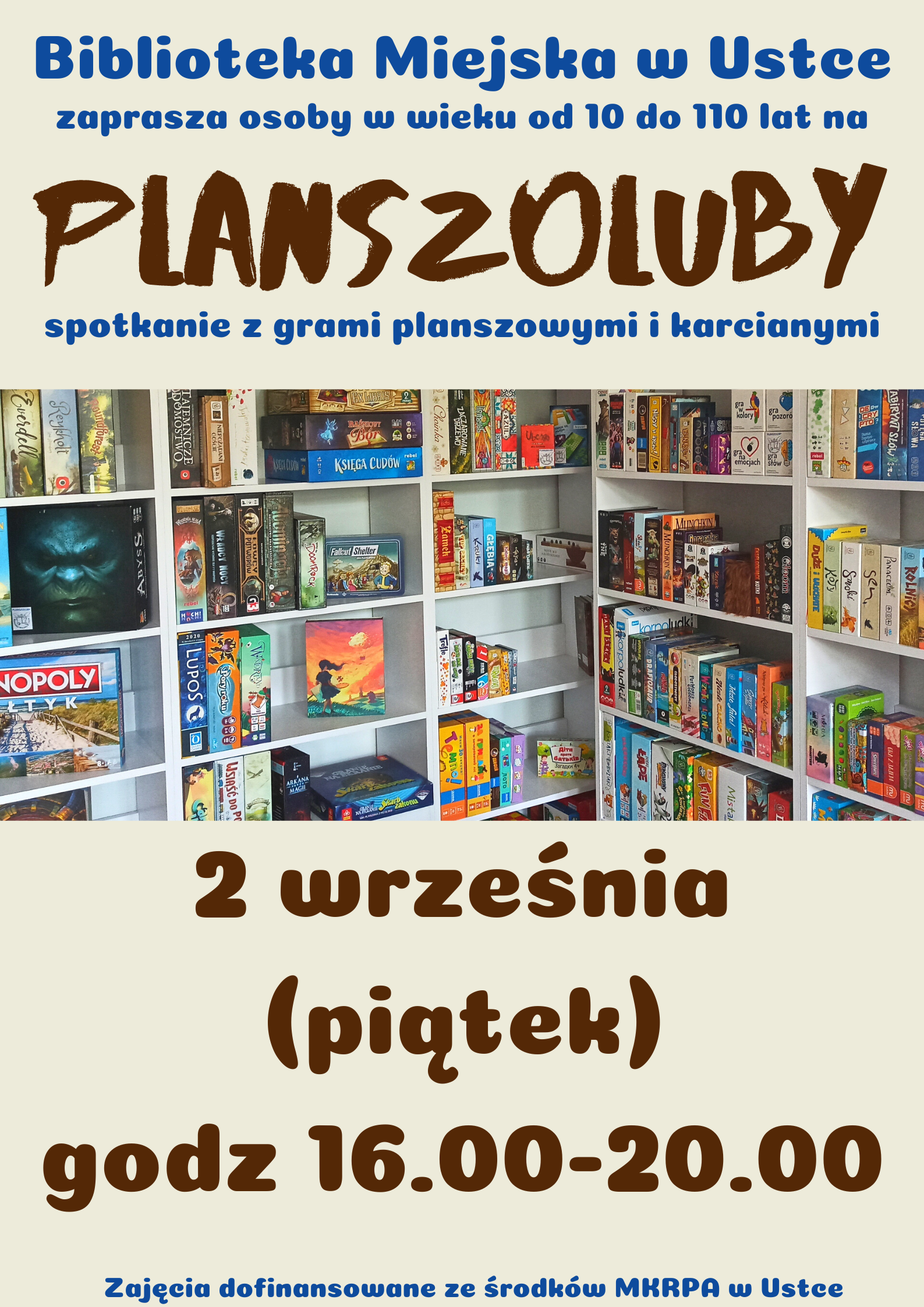 Infografika odnośnie spotkania z grami planszowymi i karcianymi, 2 wrzesnia w godz 16-20