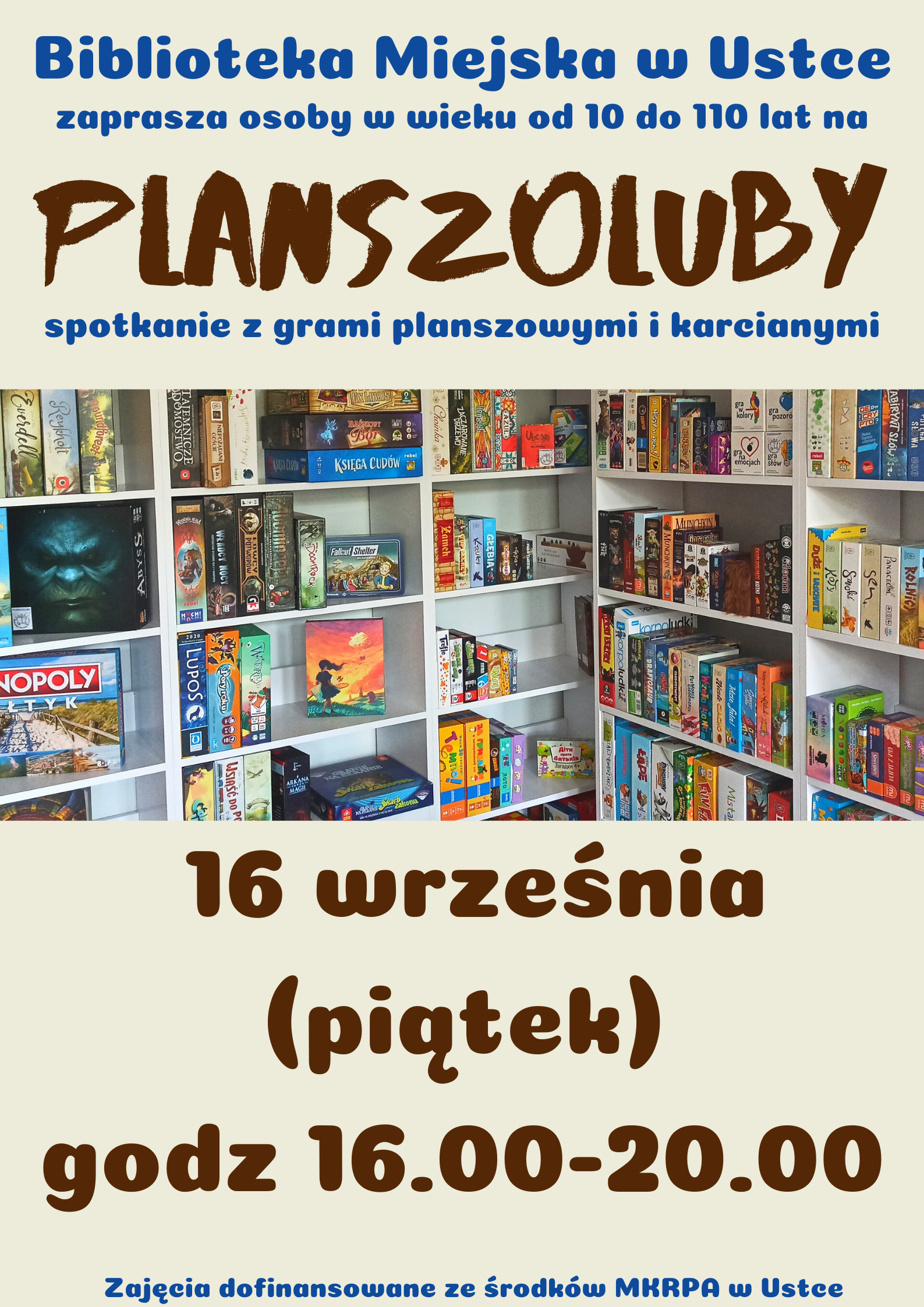 Infografika odnośnie spotkania z grami planszowymi i karcianymi, 16 wrzesnia w godz 16-20