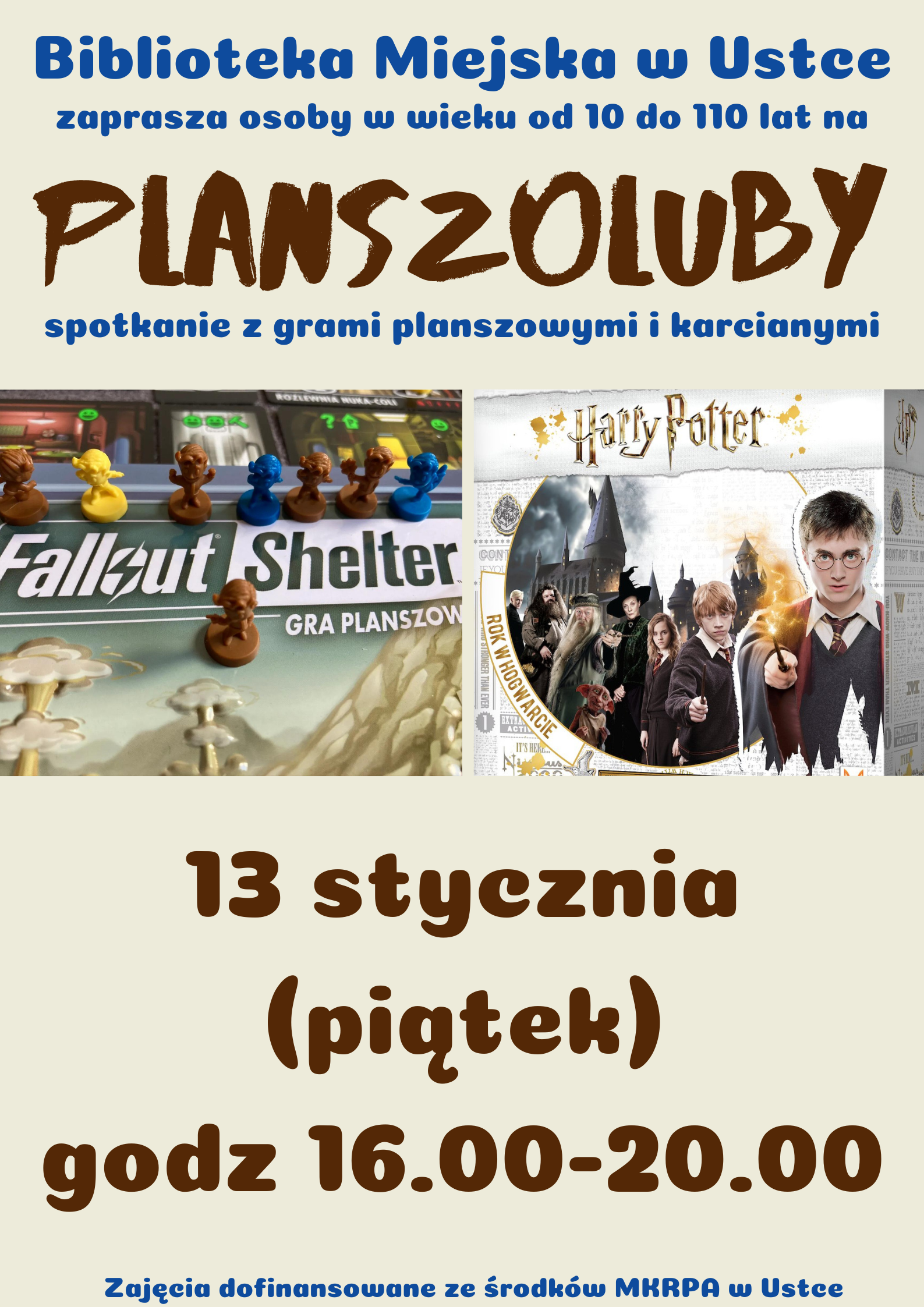 Infografika odnośnie spotkania z grami planszowymi i karcianymi, 13 stycznia w godz 16-20