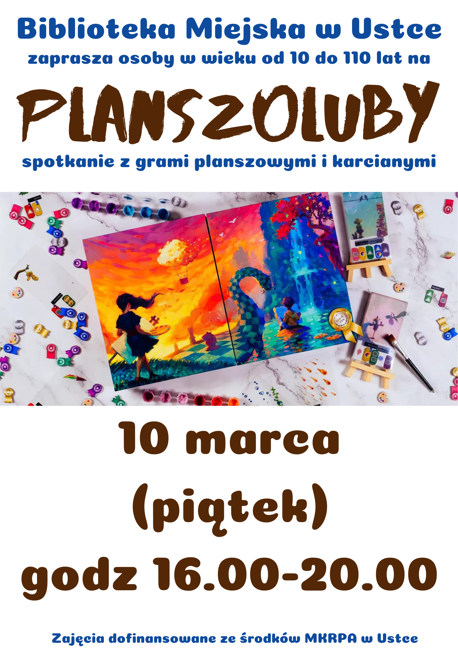 Infografika odnośnie spotkania z grami planszowymi i karcianymi, 10 marca w godz 16-20