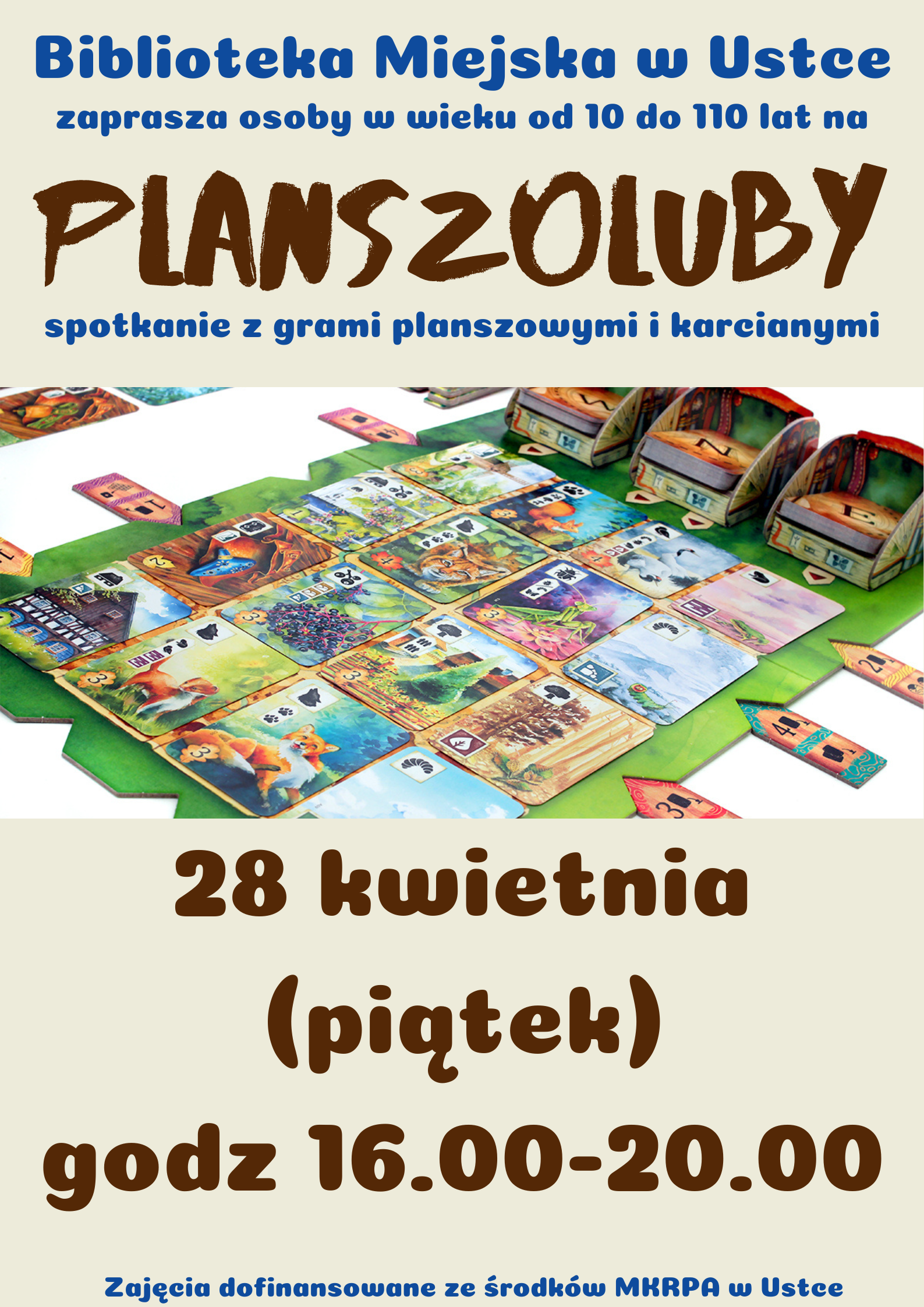 Infografika odnośnie spotkania z grami planszowymi i karcianymi, 28 kwietnia w godz 16-20