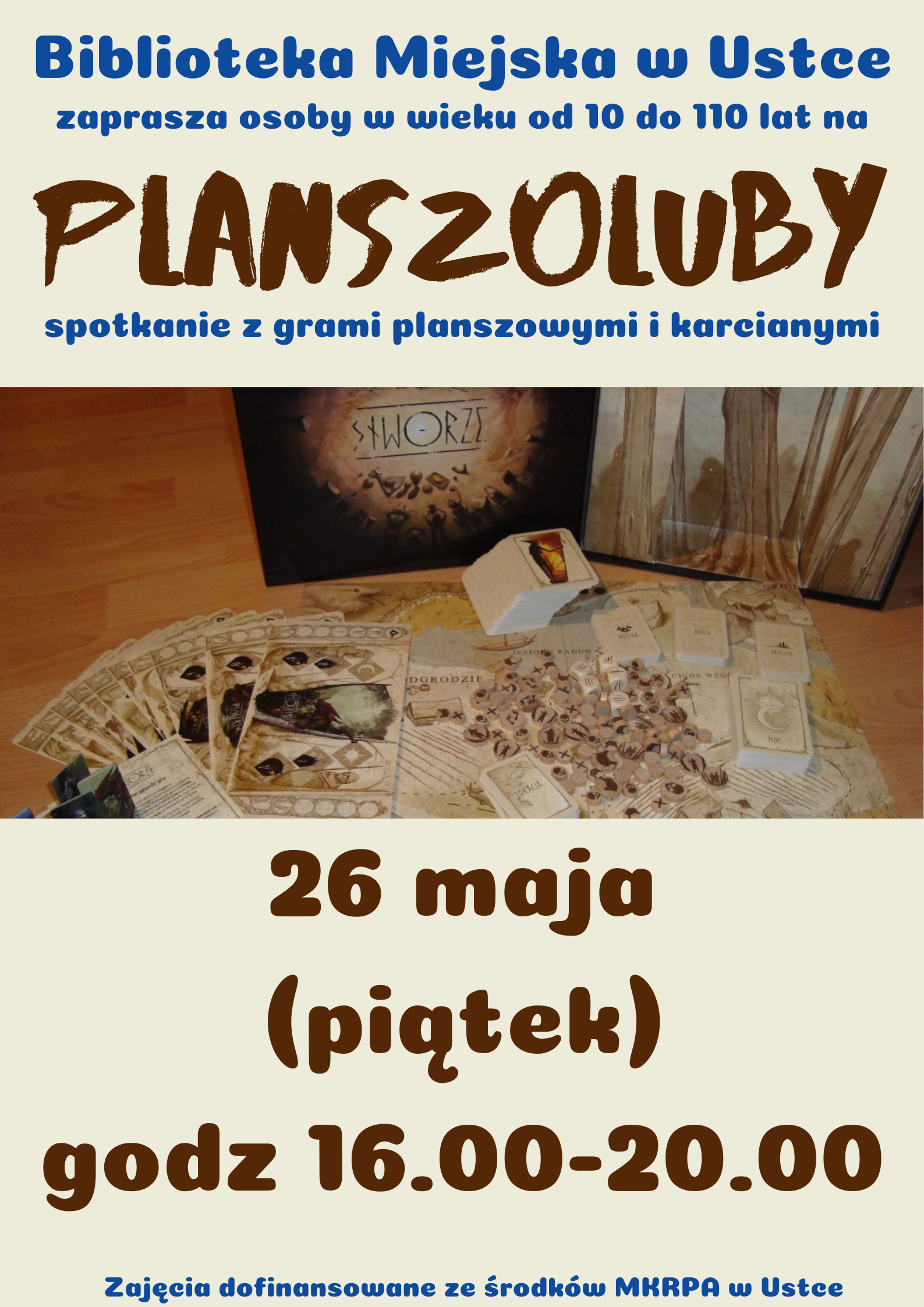 Infografika odnośnie spotkania z grami planszowymi i karcianymi, 26 maja w godz 16-20