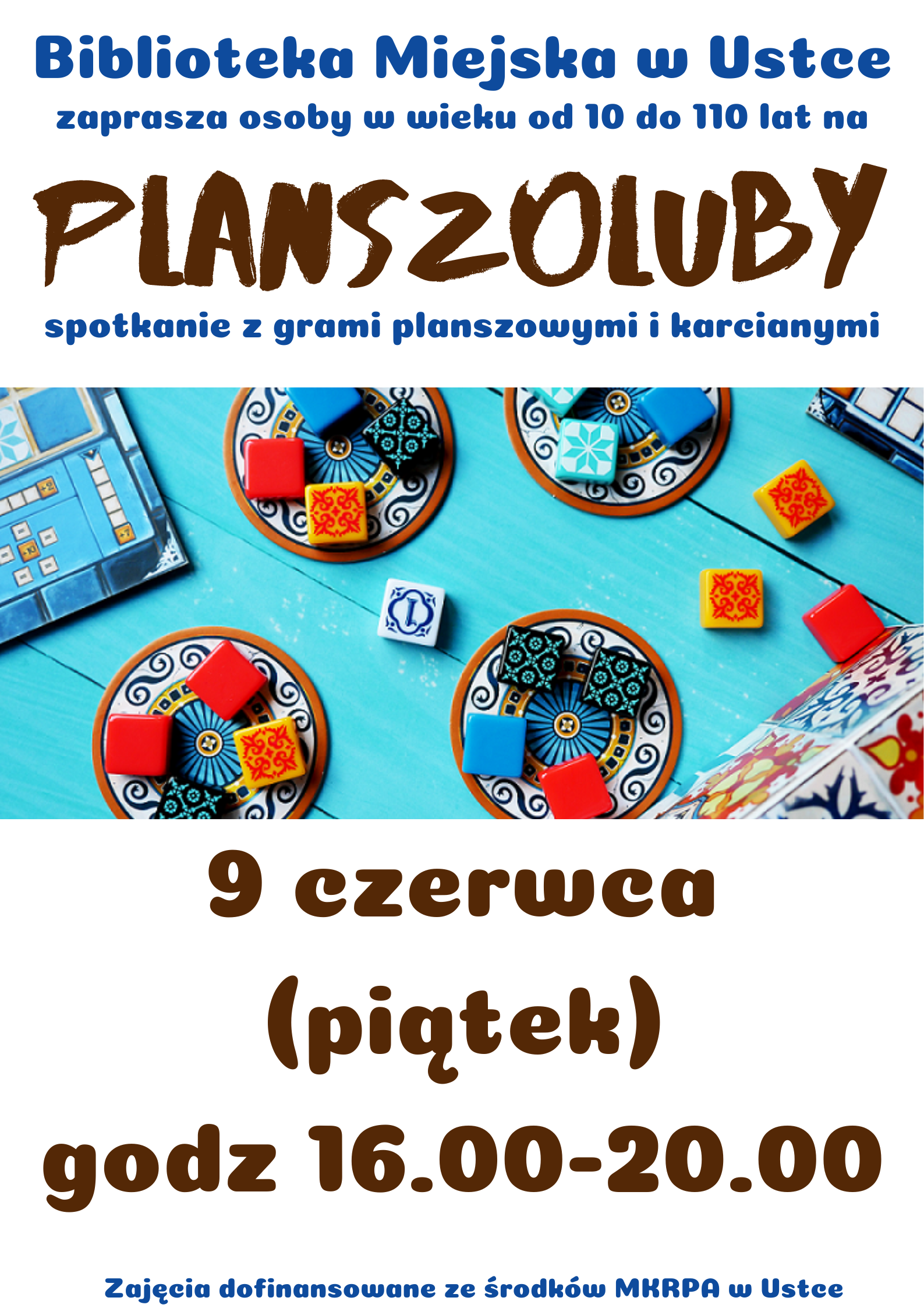 Infografika odnośnie spotkania z grami planszowymi i karcianymi, 9 czerwca w godz 16-20