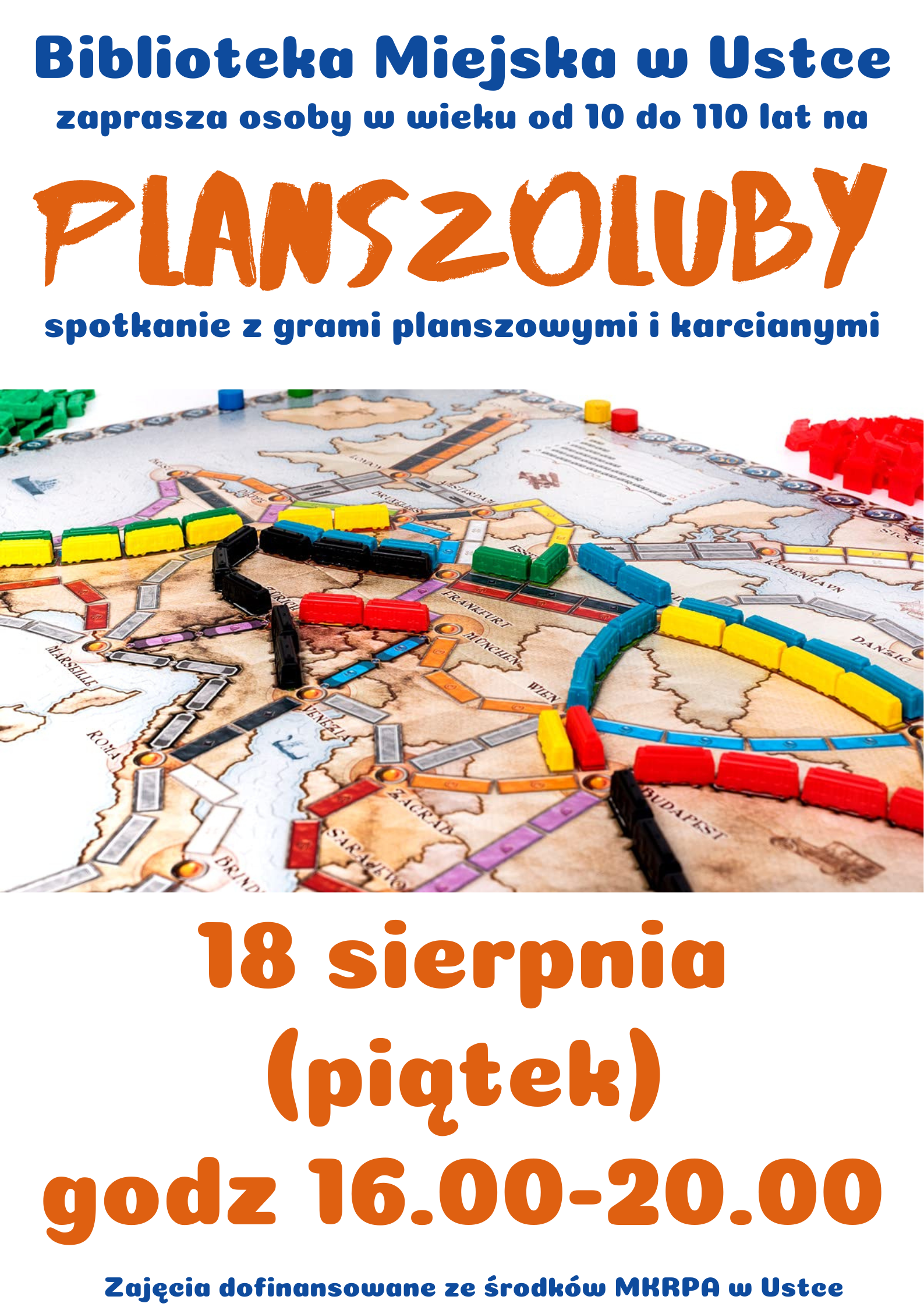 Infografika odnośnie spotkania z grami planszowymi i karcianymi, 18 sierpnia w godz 16-20