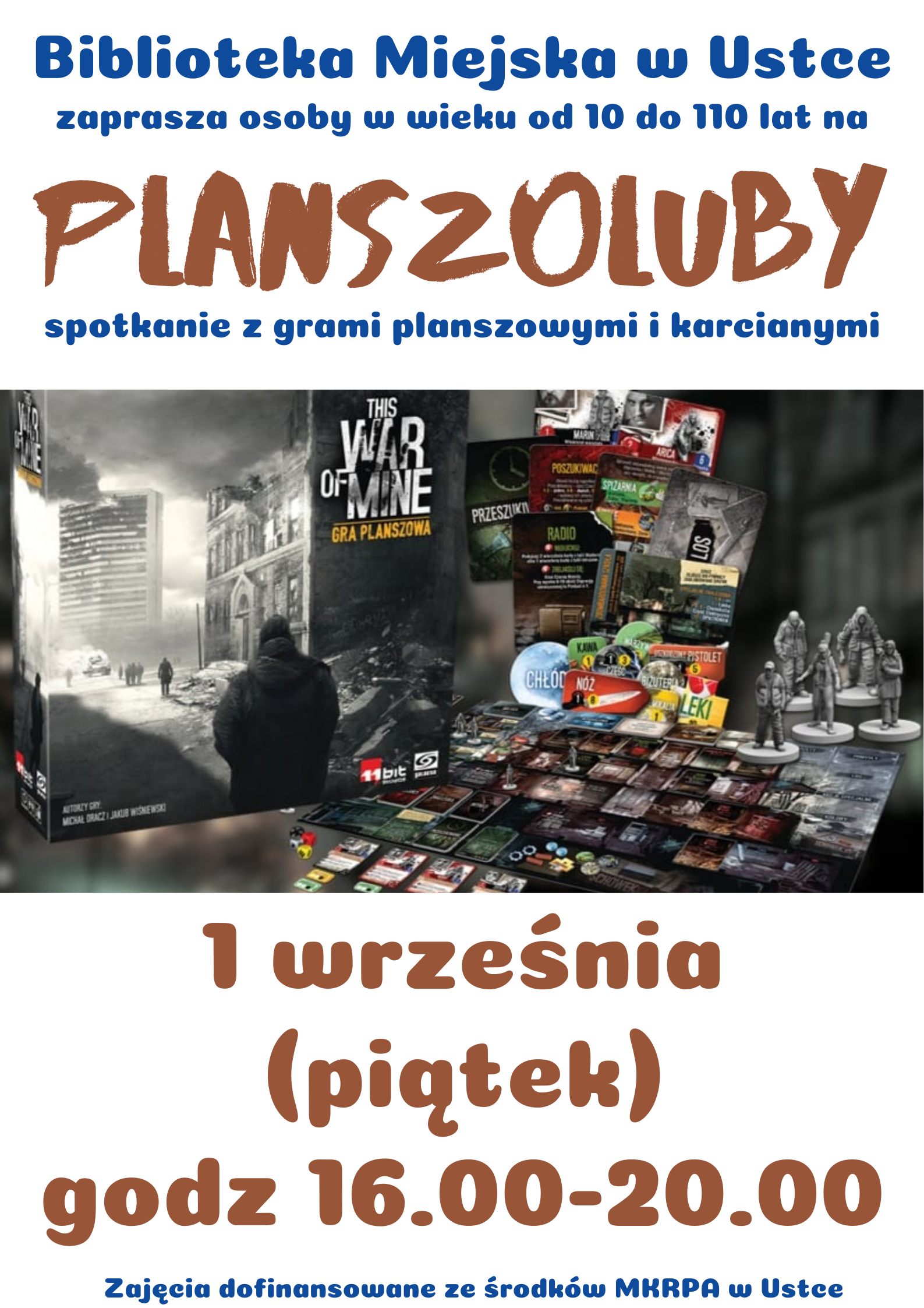 Infografika odnośnie spotkania z grami planszowymi i karcianymi, 1 wrzesnia w godz 16-20