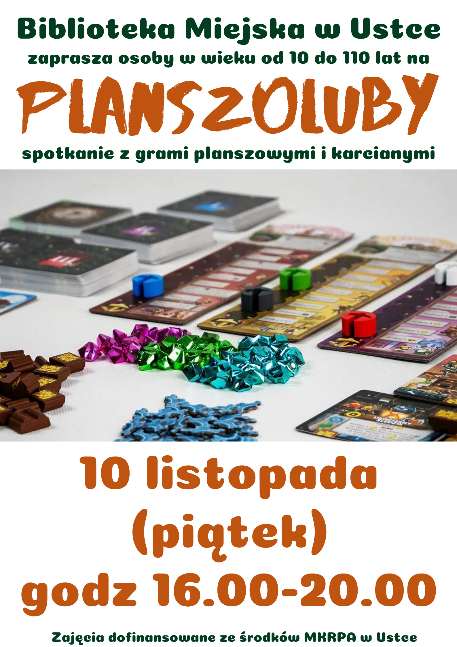 Infografika odnośnie spotkania z grami planszowymi i karcianymi, 10 listopada w godz 16-20