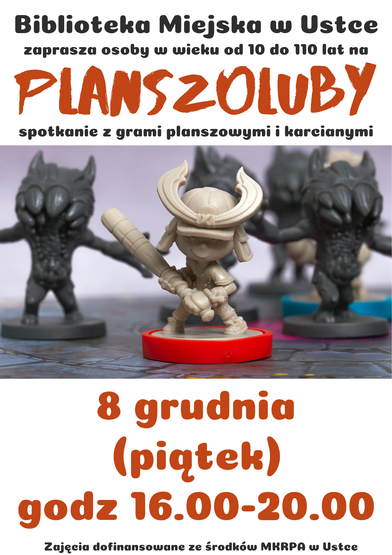 Infografika odnośnie spotkania z grami planszowymi i karcianymi, 8 grudnia w godz 16-20