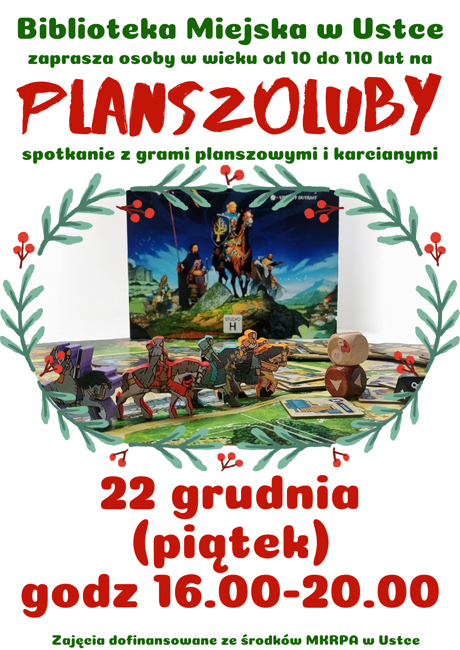 Infografika odnośnie spotkania z grami planszowymi i karcianymi, 22 grudnia w godz 16-20