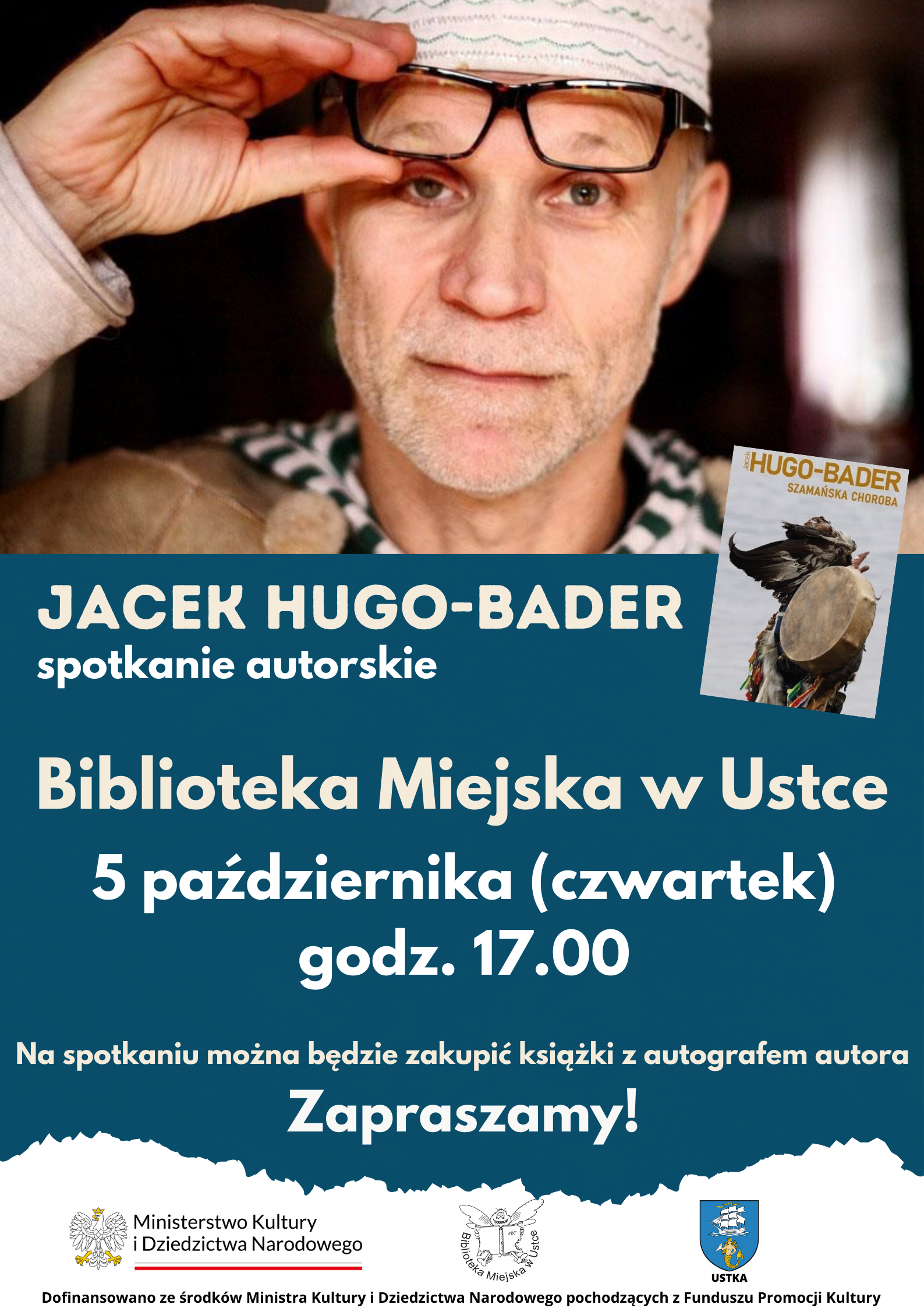 infografika dotycząca spotkania autorskiego w Jackiem Hugo-Baderem, 5 października 2023 o godz 17.00