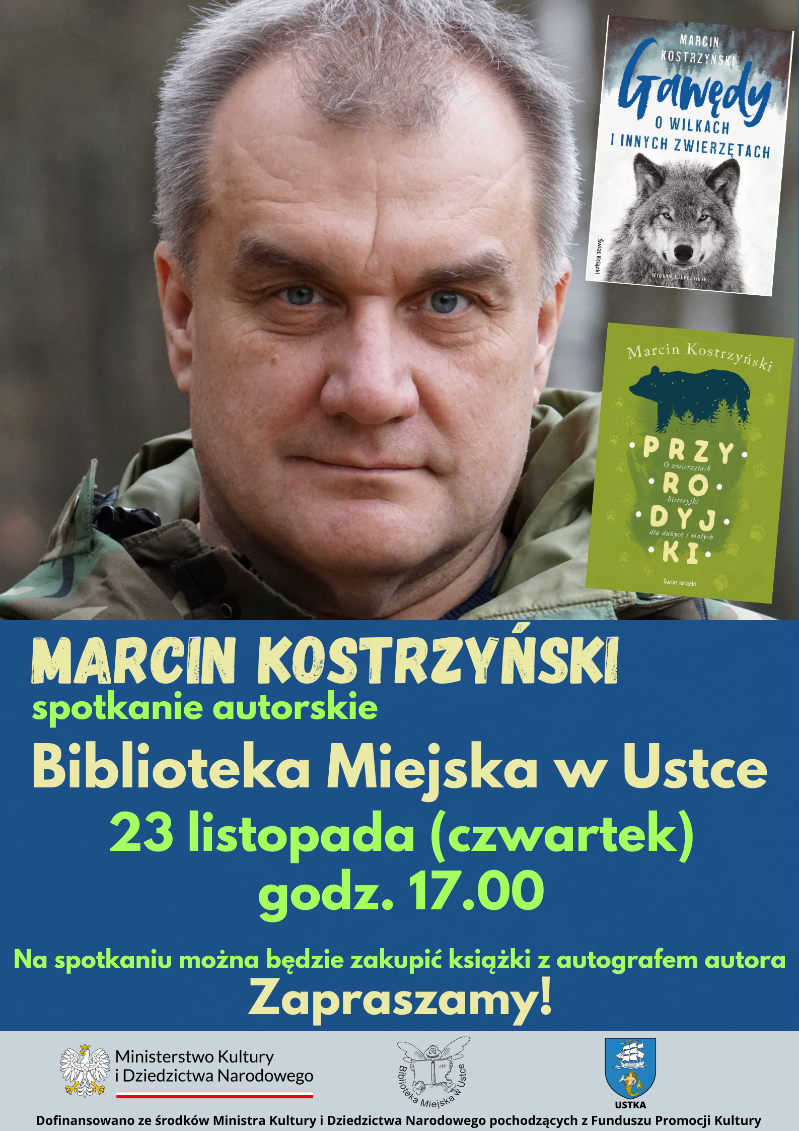 infografika dotycząca spotkania autorskiego z Marcinem Kostrzynskim, 23 listopada 2023 o godz 17.00
