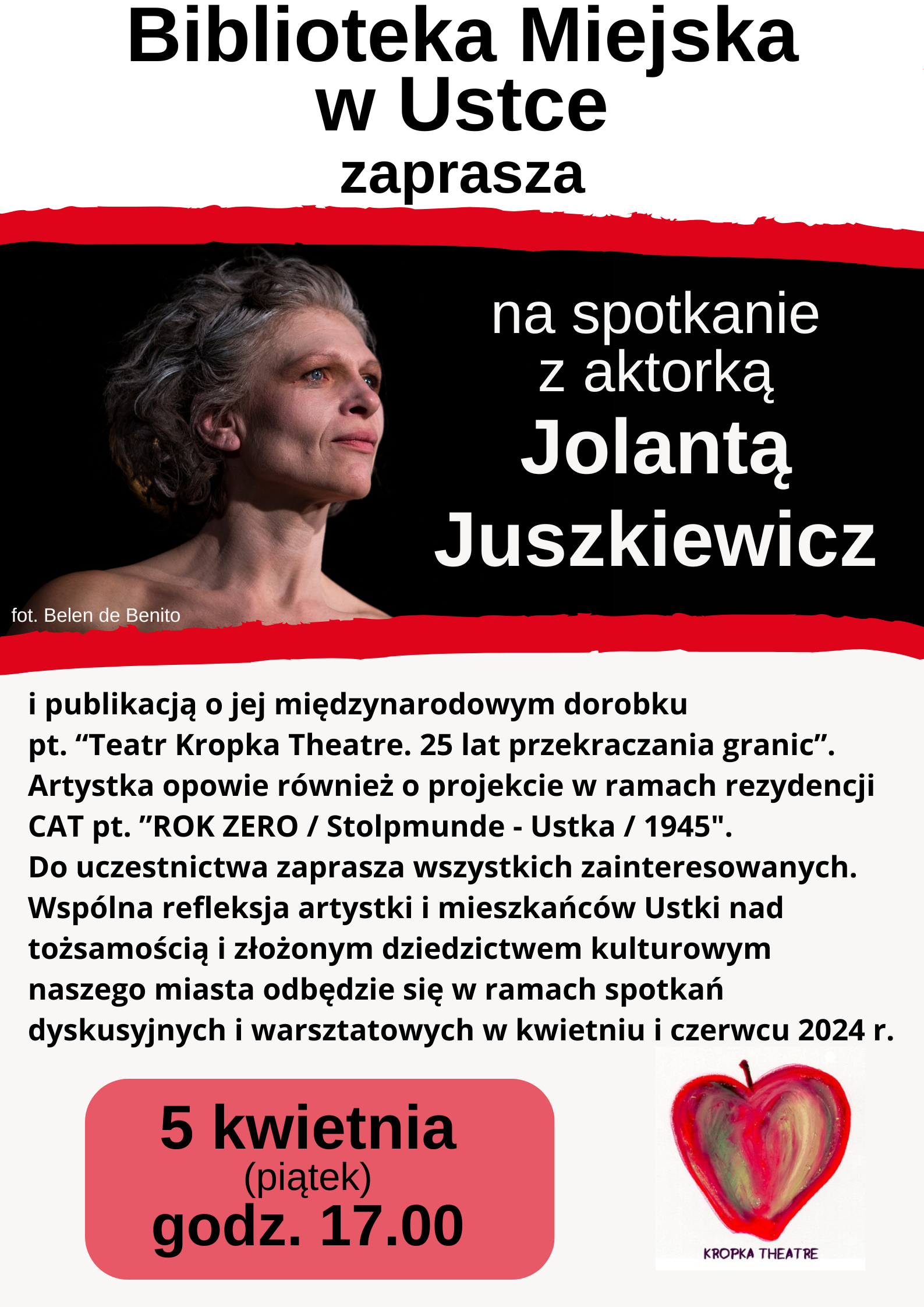 Infografika zaproszenie na spotkanie z aktorka teatralna Jolanta Juszkiewicz 5 kwietnia o godz. 17.00