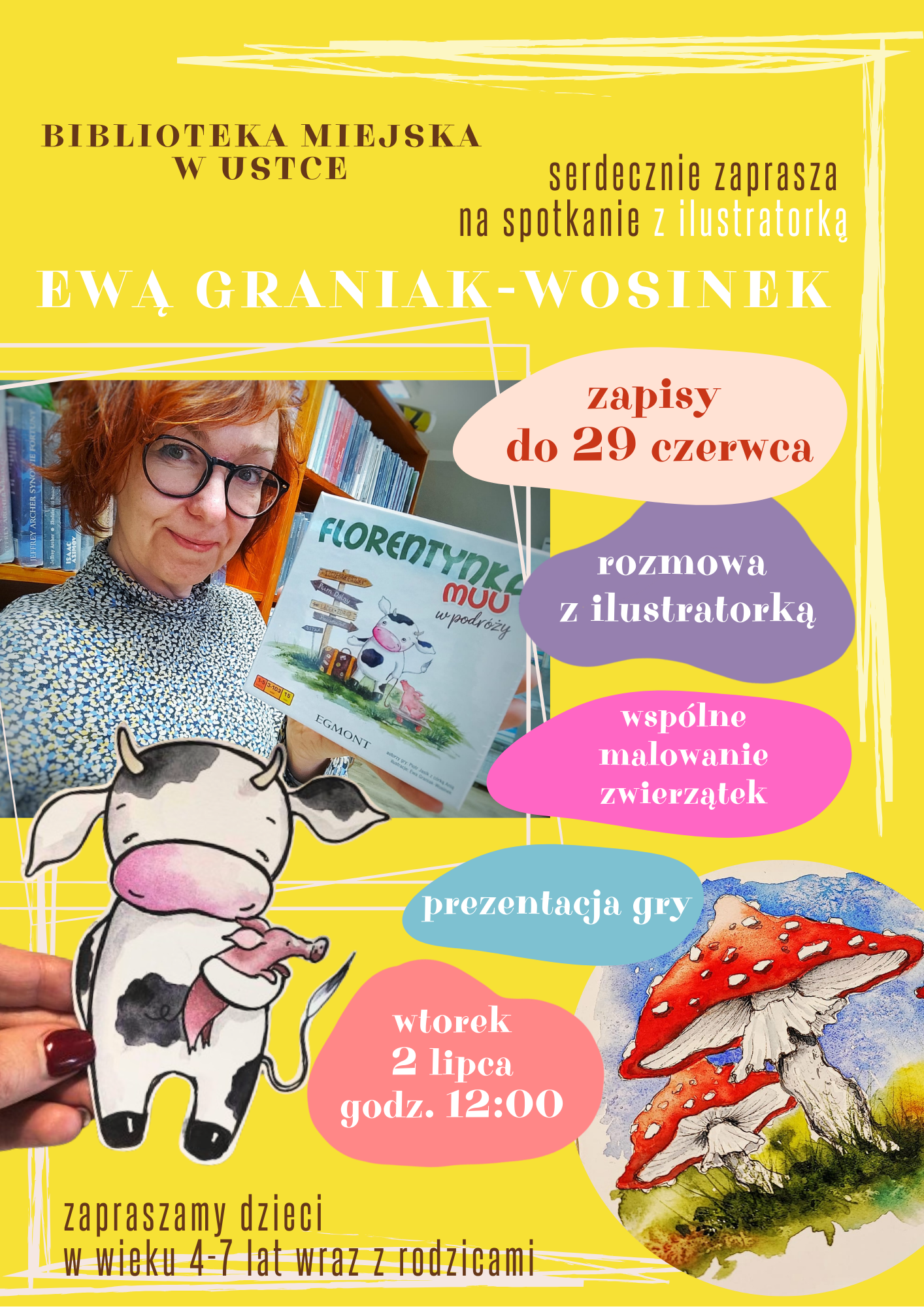 Infografika odnośnie spotkania z ilustratorka Ewa Graniak-Wosinek 2 lipca o godz. 12.00