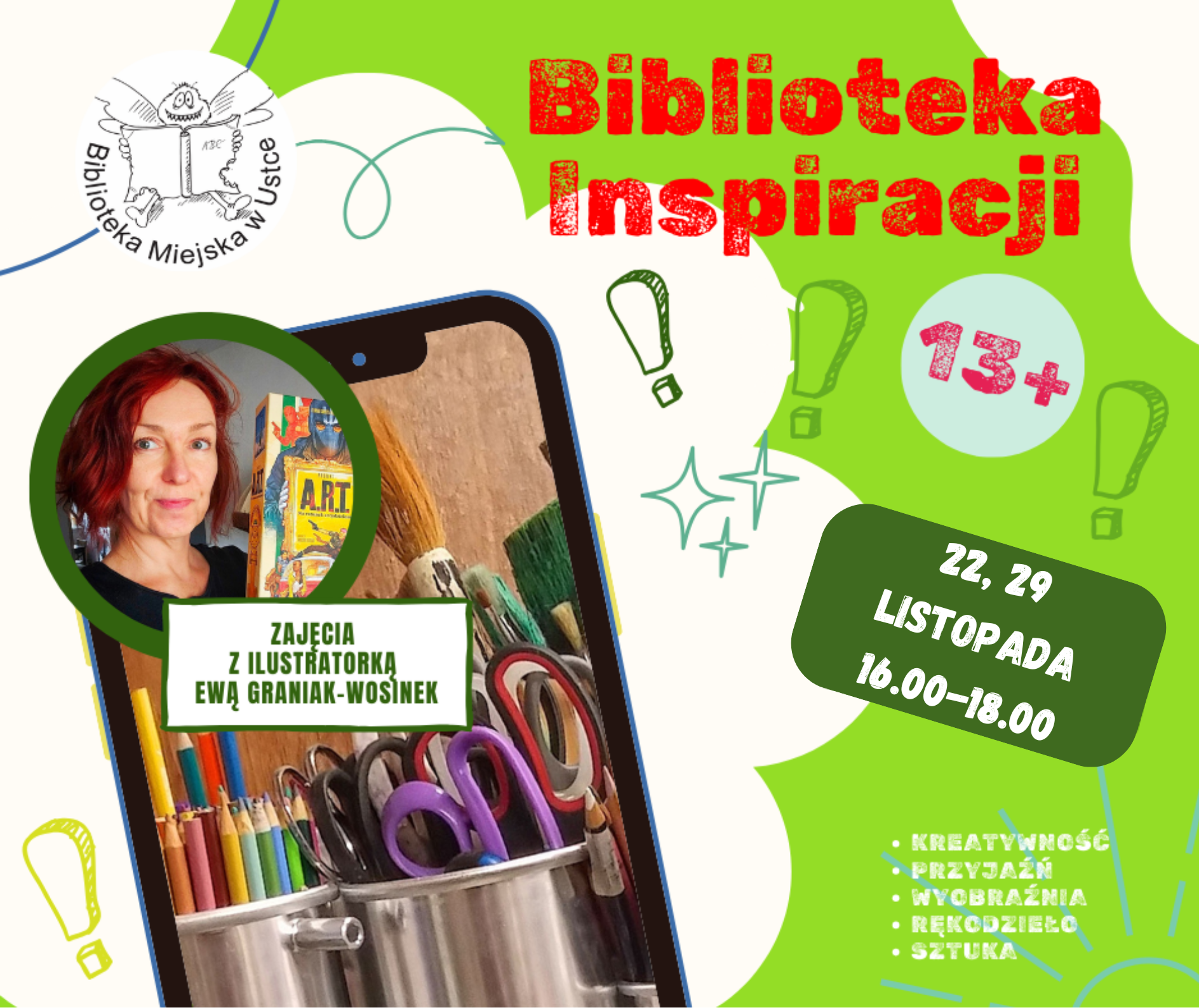 Infografika odnośnie zajęć kreatywnych pn Biblioteka Inspiracji 29 listopada w godz 16.00-18.00