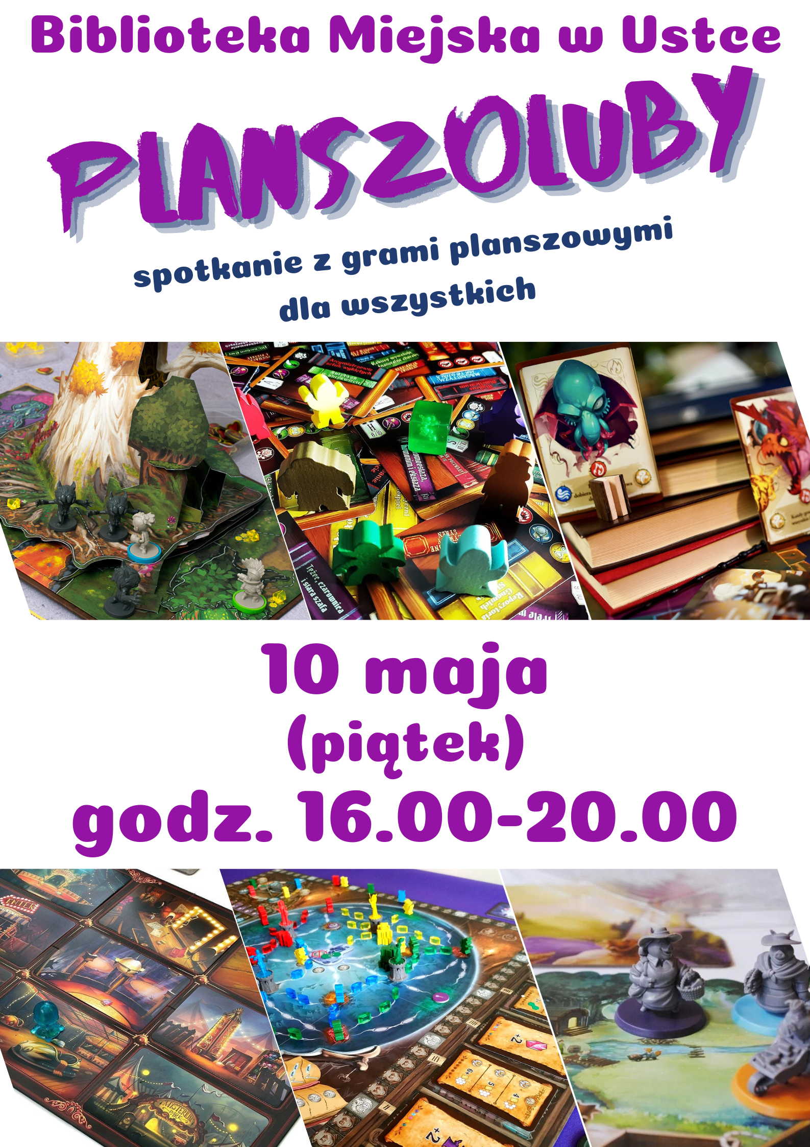 Infografika odnośnie spotkania z grami planszowymi i karcianymi, 10 maja w godz 16.00-20.00