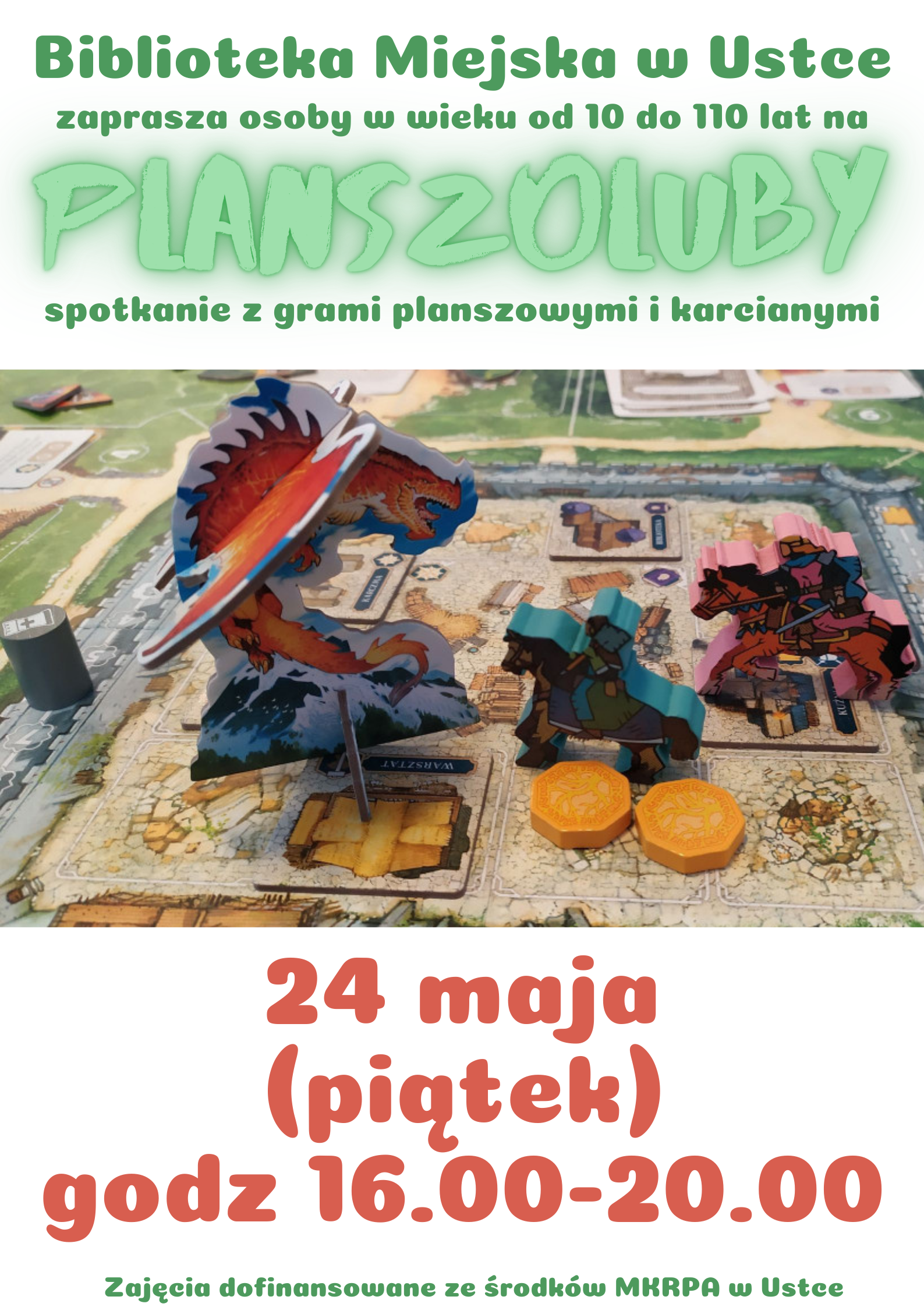 Infografika odnośnie spotkania z grami planszowymi i karcianymi, 24 maja w godz 16.00-20.00