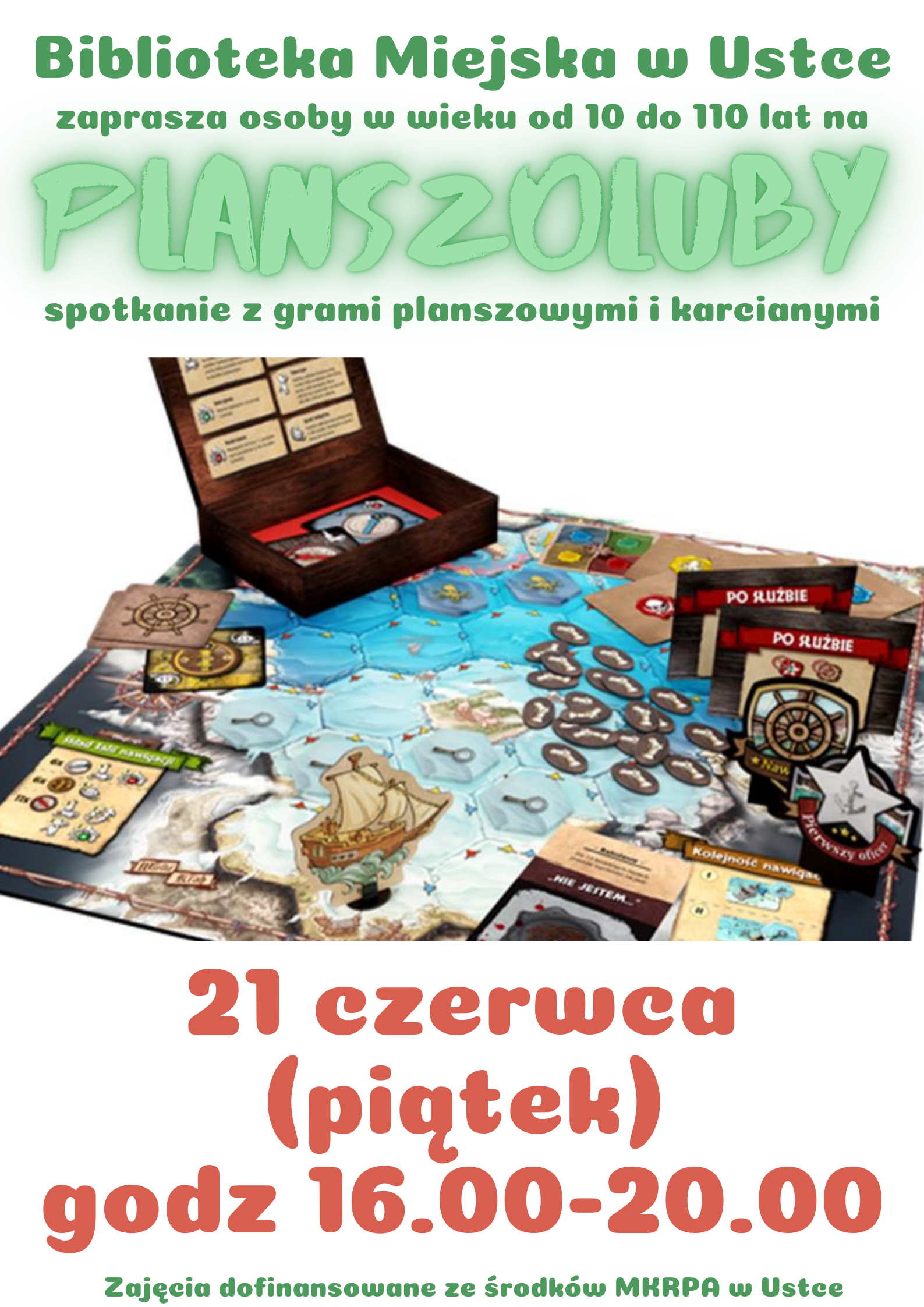 Infografika odnośnie spotkania z grami planszowymi i karcianymi, 21 czerwca w godz 16.00-20.00