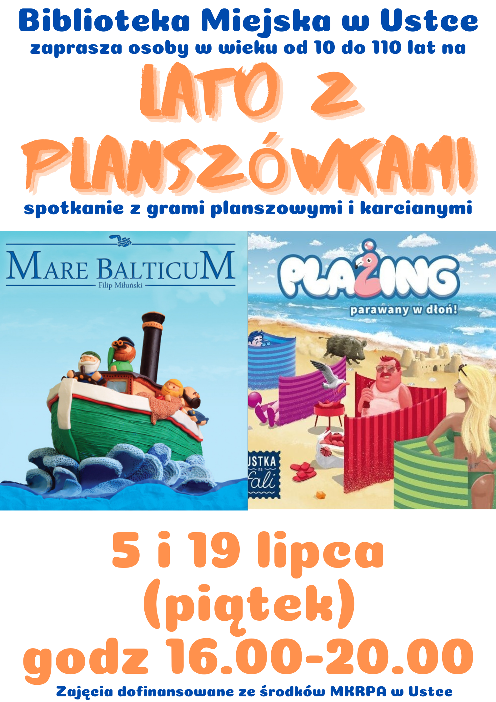 Infografika odnośnie spotkania z grami planszowymi i karcianymi, 19 lipca w godz 16.00-20.00