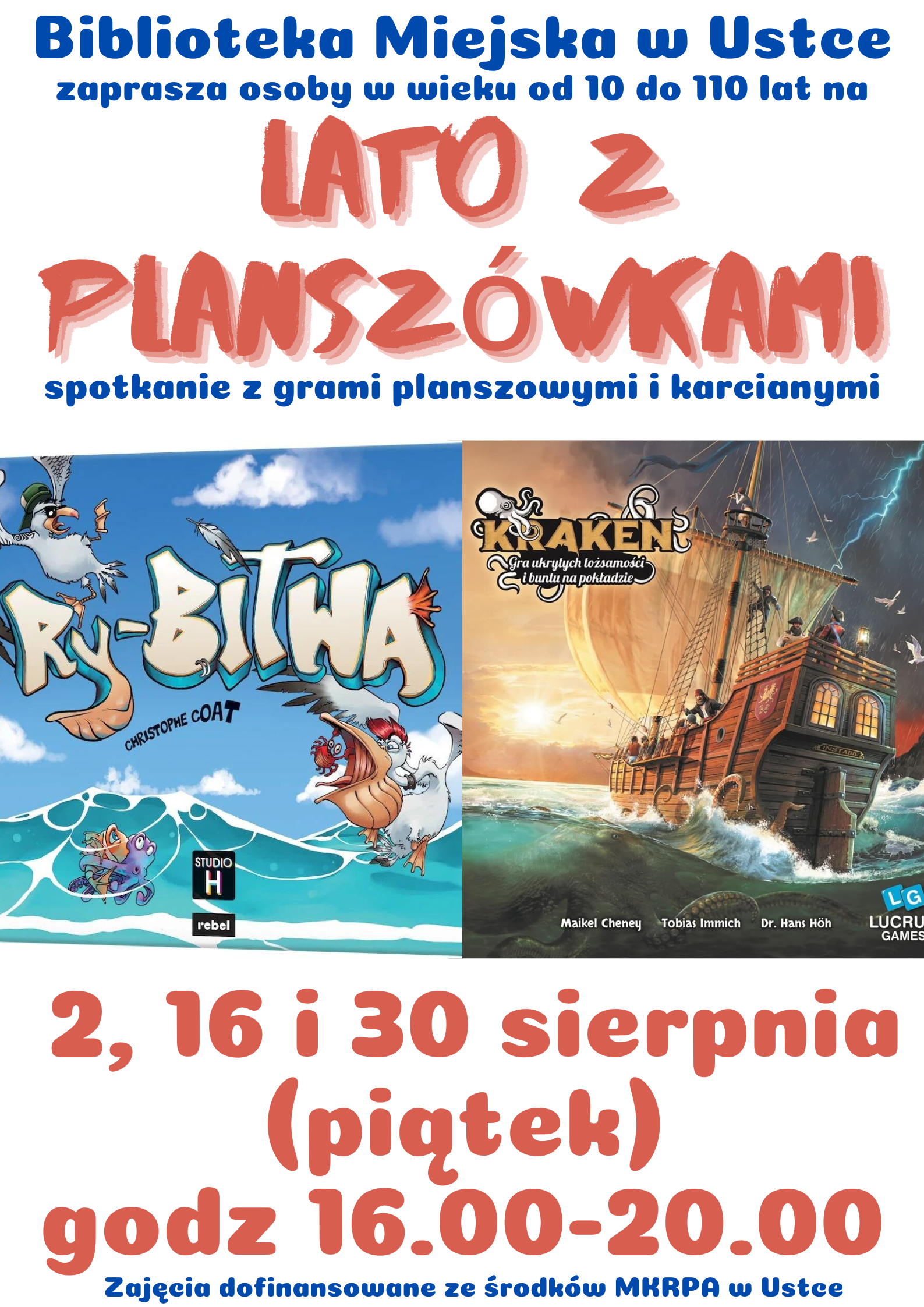 Infografika odnośnie spotkania z grami planszowymi i karcianymi, 16 sierpnia w godz 16.00-20.00