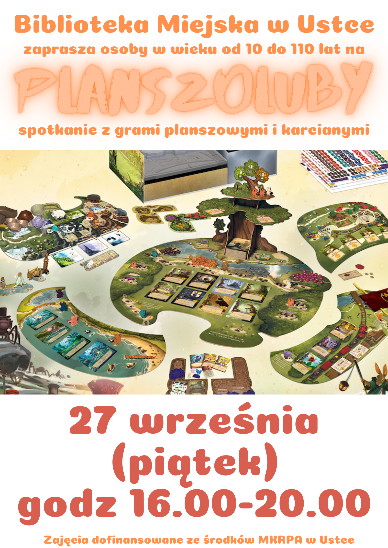 Infografika odnośnie spotkania z grami planszowymi i karcianymi, 27 wrzesnia w godz 16.00-20.00