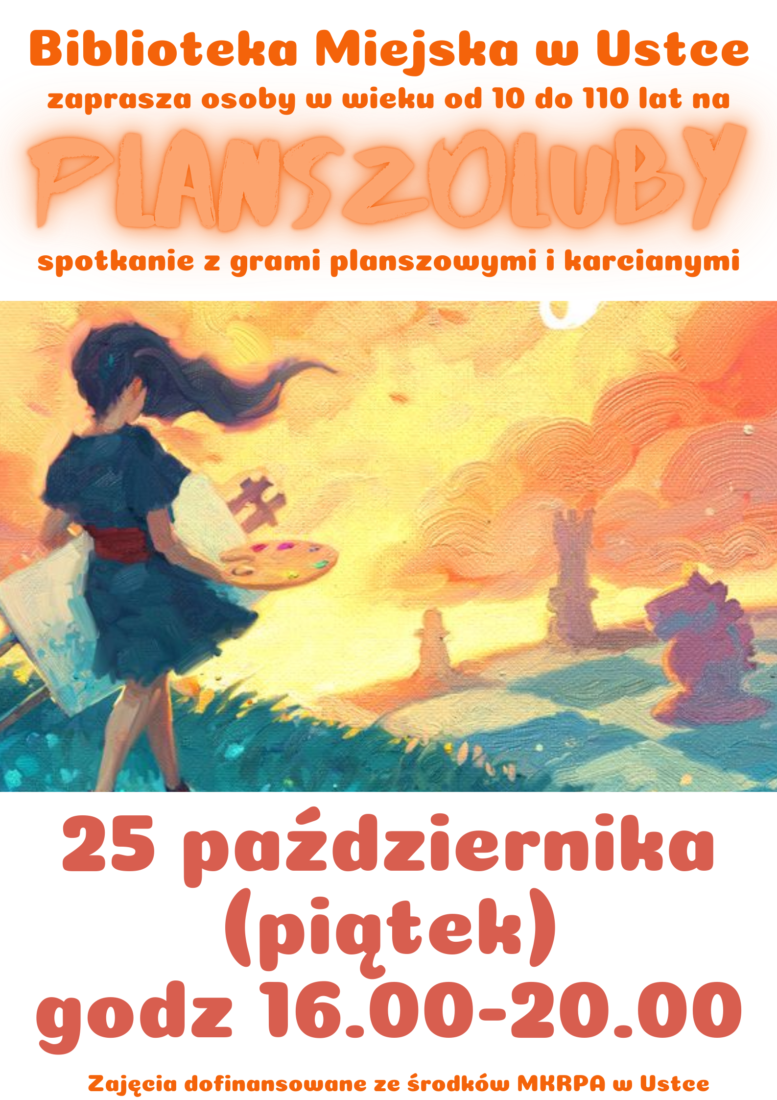 Infografika odnośnie spotkania z grami planszowymi i karcianymi, 25 października w godz 16.00-20.00