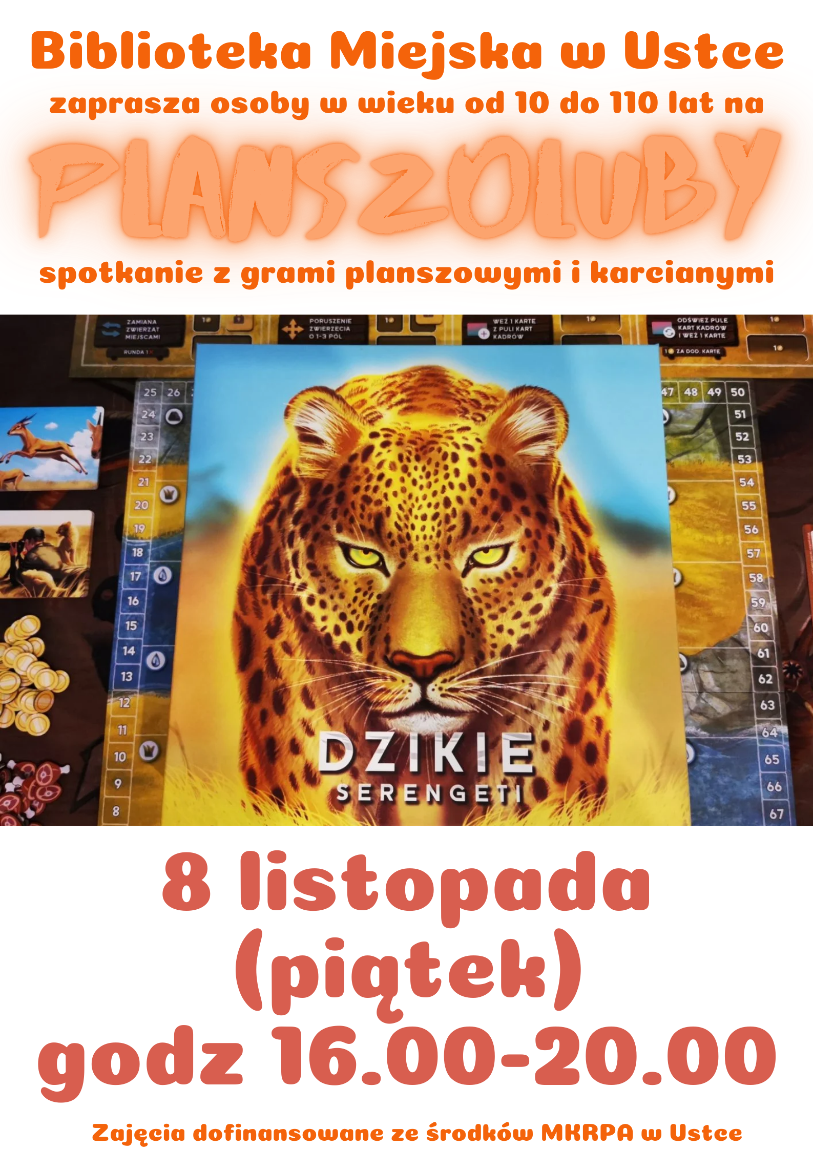 Infografika odnośnie spotkania z grami planszowymi i karcianymi, 8 listopada w godz 16.00-20.00
