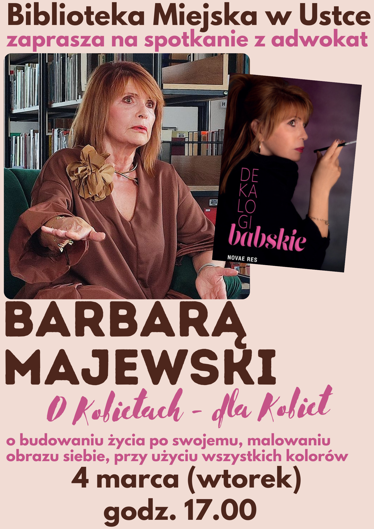 Infografika odnosnie spotkania autorskiego 4 marca godz. 17.00 z Panią Barbarą Majewski