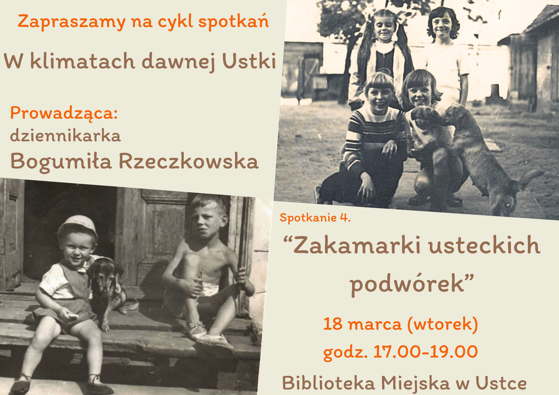 Infografika odnosnie spotkania wokół starej Ustki 18 marca w godz. 17.00-19.00, prowadzone przez Panią Bogumiłę Rzeczkowską