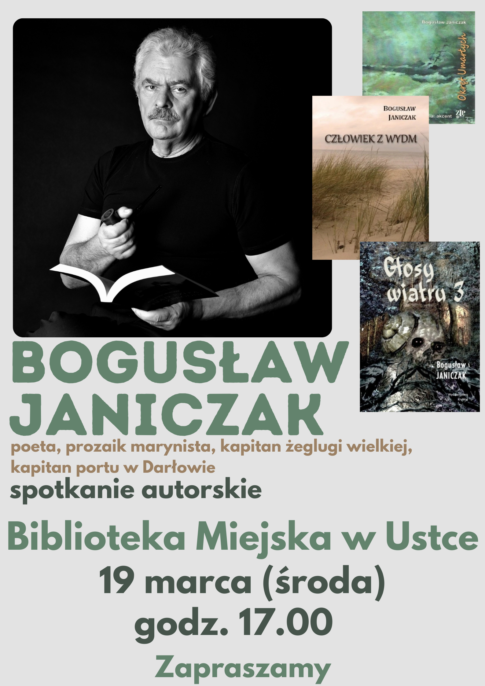 Infografika odnosnie spotkania autorskiego 19 marca godz. 17.00 z Panem Bogusławem Janiczakiem