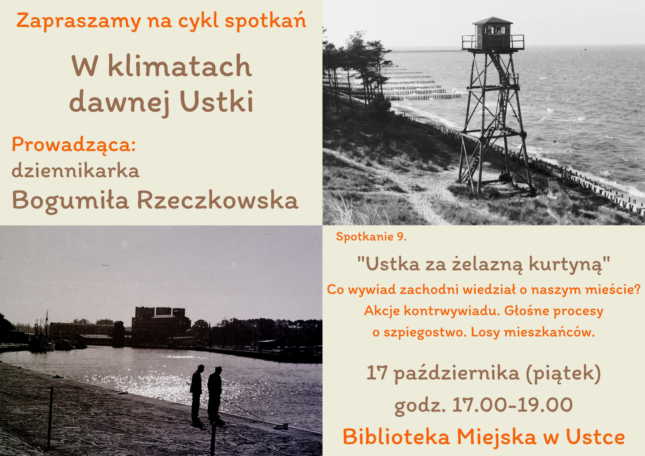 Infografika odnosnie spotkania wokół starej Ustki 23 wrzesnia w godz. 17.00-19.00, prowadzone przez Panią Bogumiłę Rzeczkowską