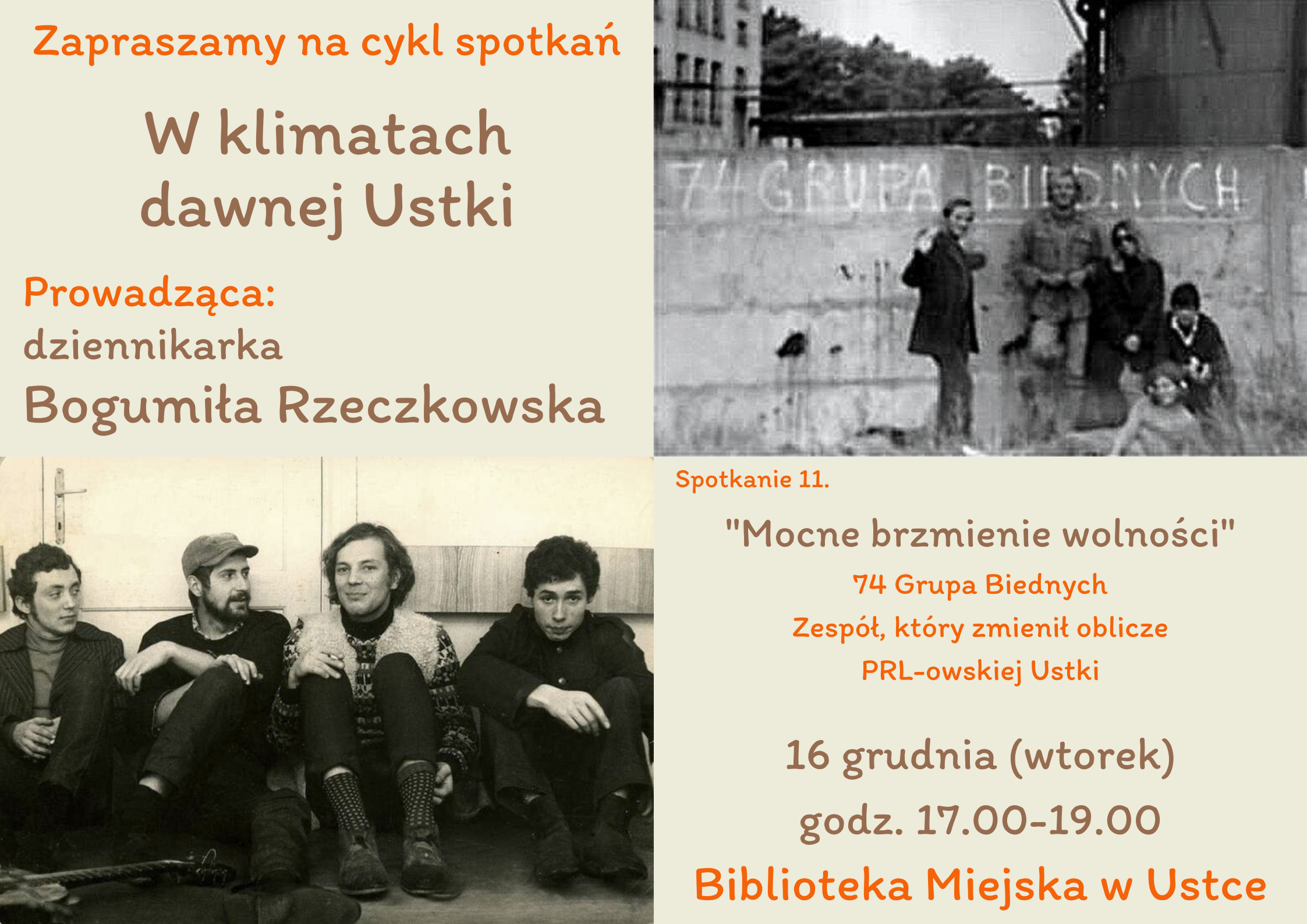 Infografika odnosnie spotkania 16 grudnia poswieconego starej Ustce, tematem spotkania bedzie 74 Grupa Biednych