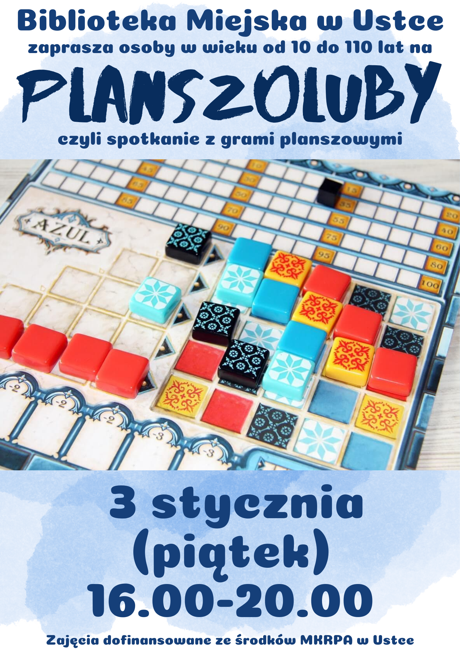 Infografika odnośnie spotkania z grami planszowymi i karcianymi, 3 stycznia w godz 16.00-20.00