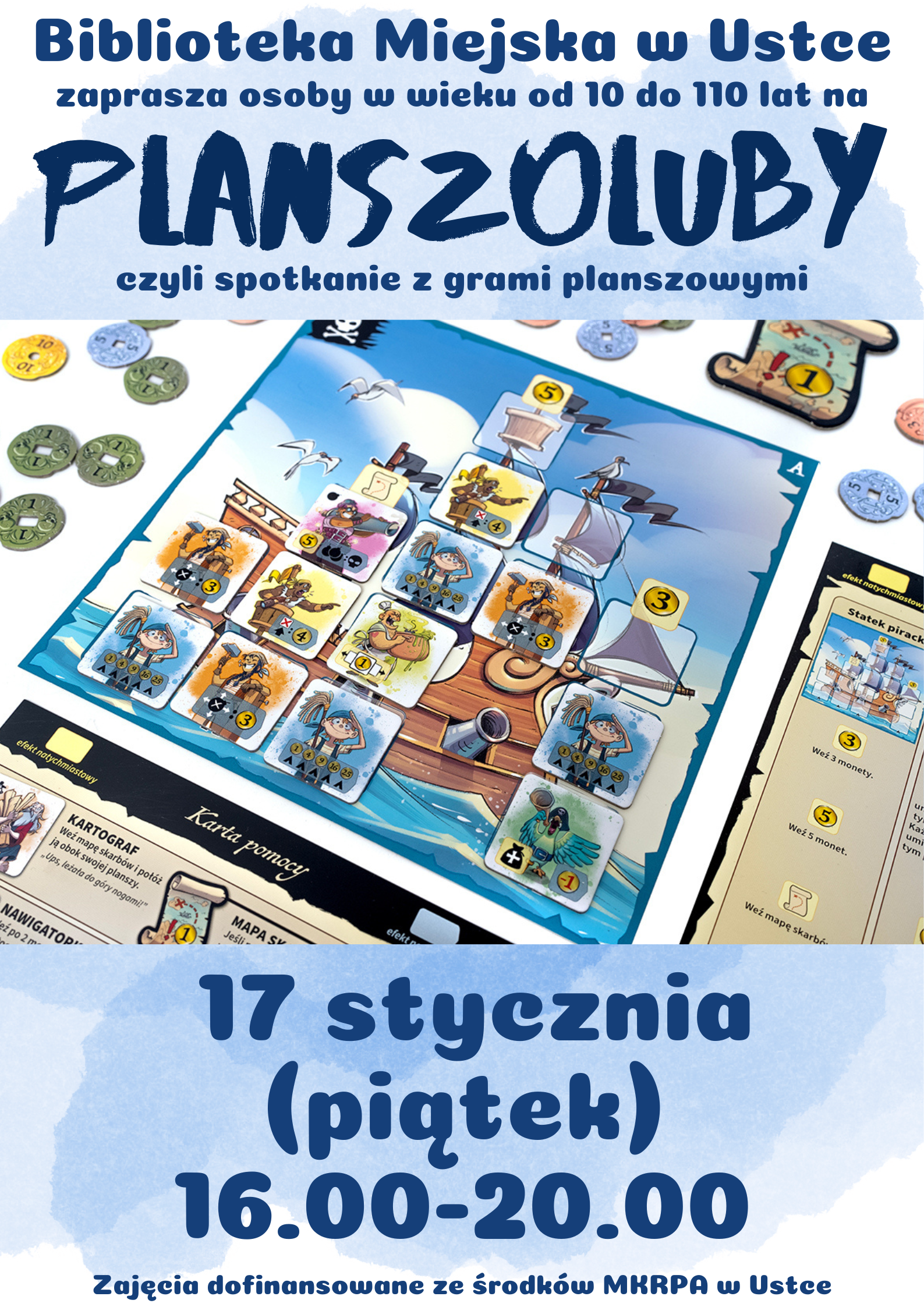 Infografika odnośnie spotkania z grami planszowymi i karcianymi, 17 stycznia w godz 16.00-20.00
