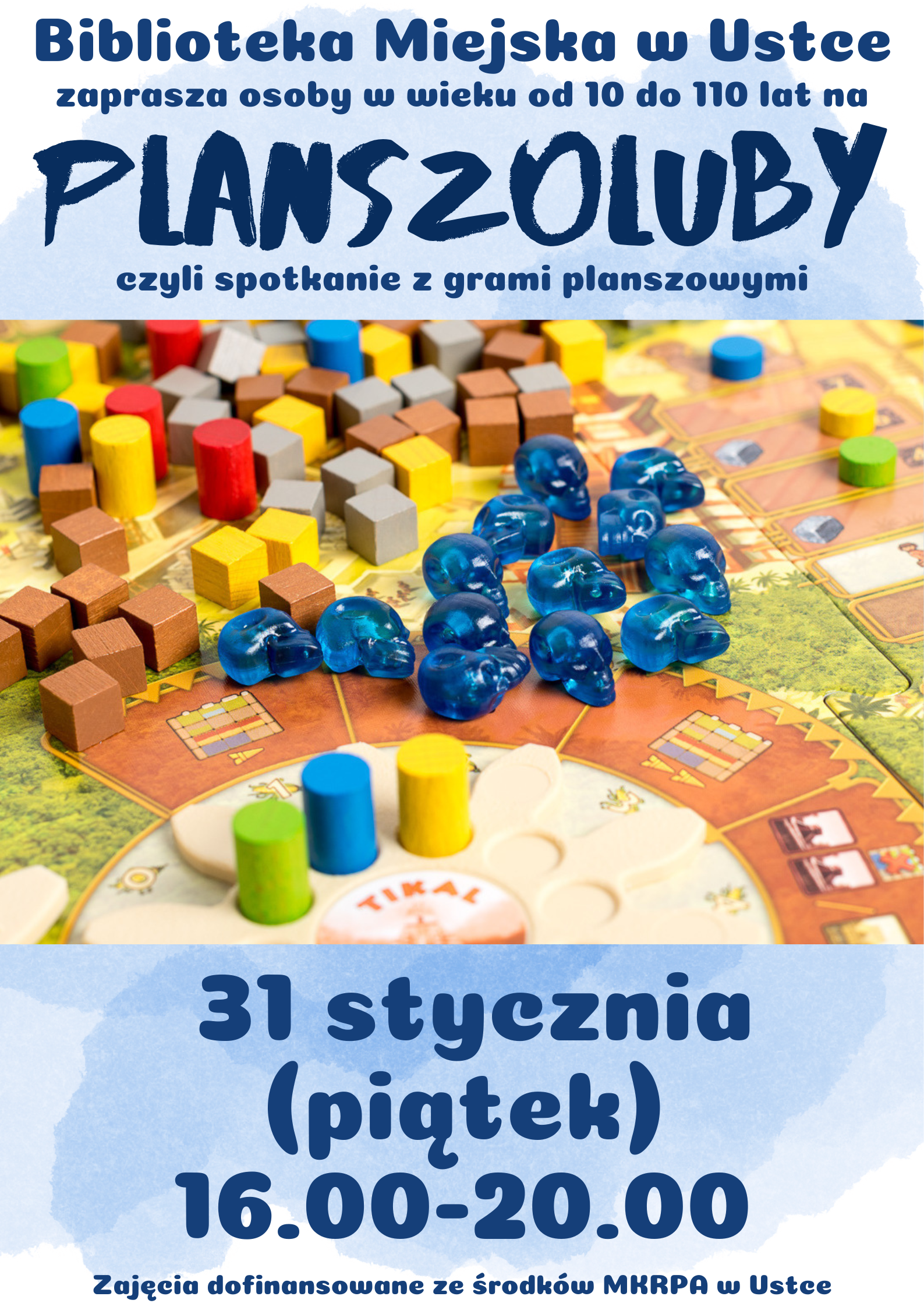 Infografika odnośnie spotkania z grami planszowymi i karcianymi, 31 stycznia w godz 16.00-20.00