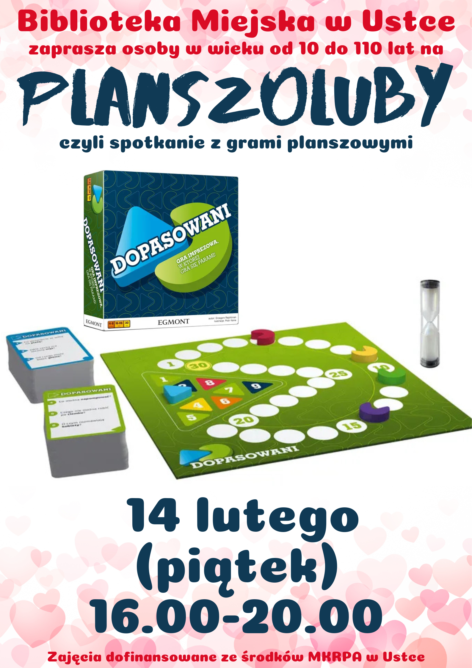 Infografika odnośnie spotkania z grami planszowymi i karcianymi, 14 lytego w godz 16.00-20.00