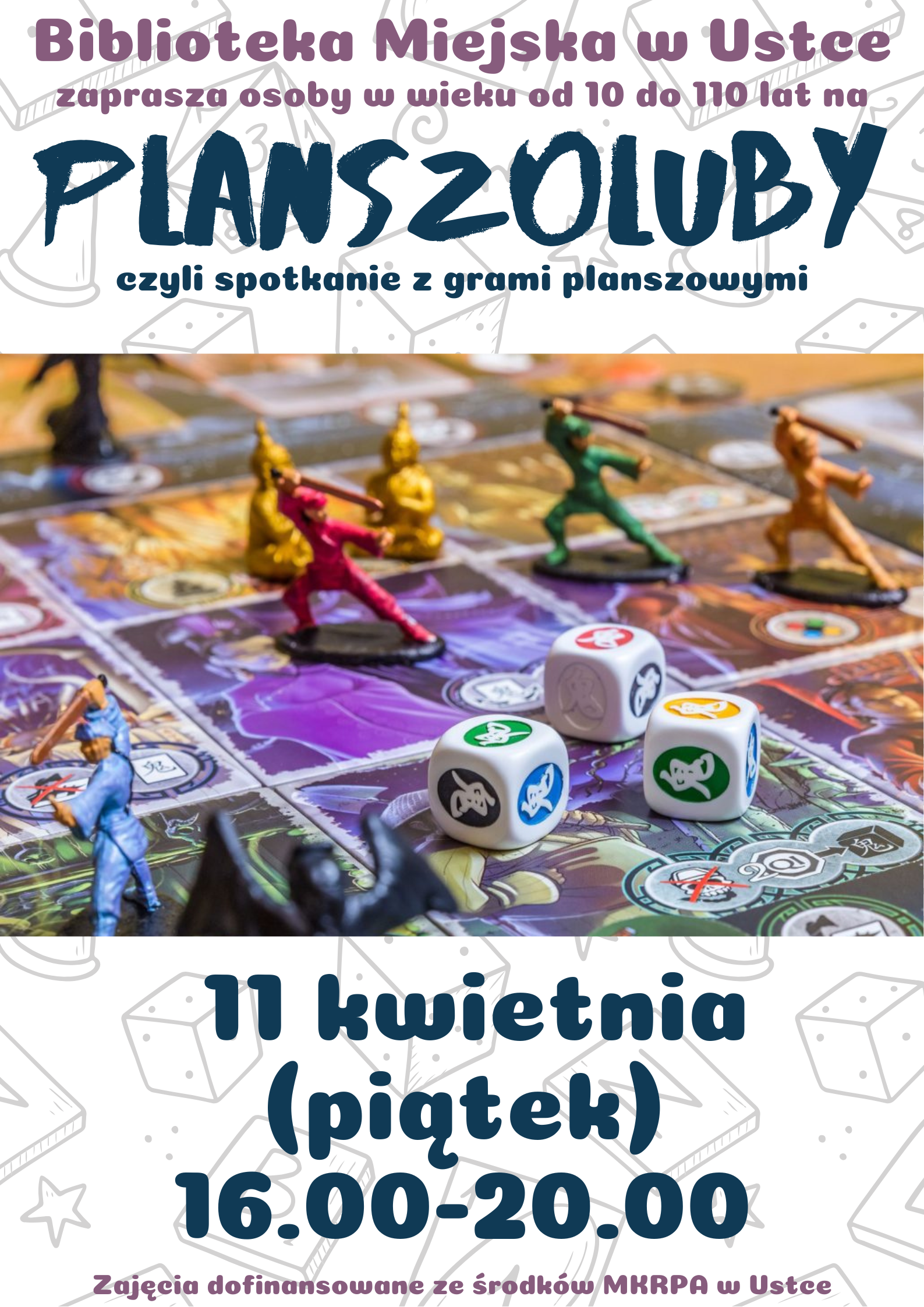 Infografika odnośnie spotkania z grami planszowymi i karcianymi, 11 kwietnia w godz 16.00-20.00