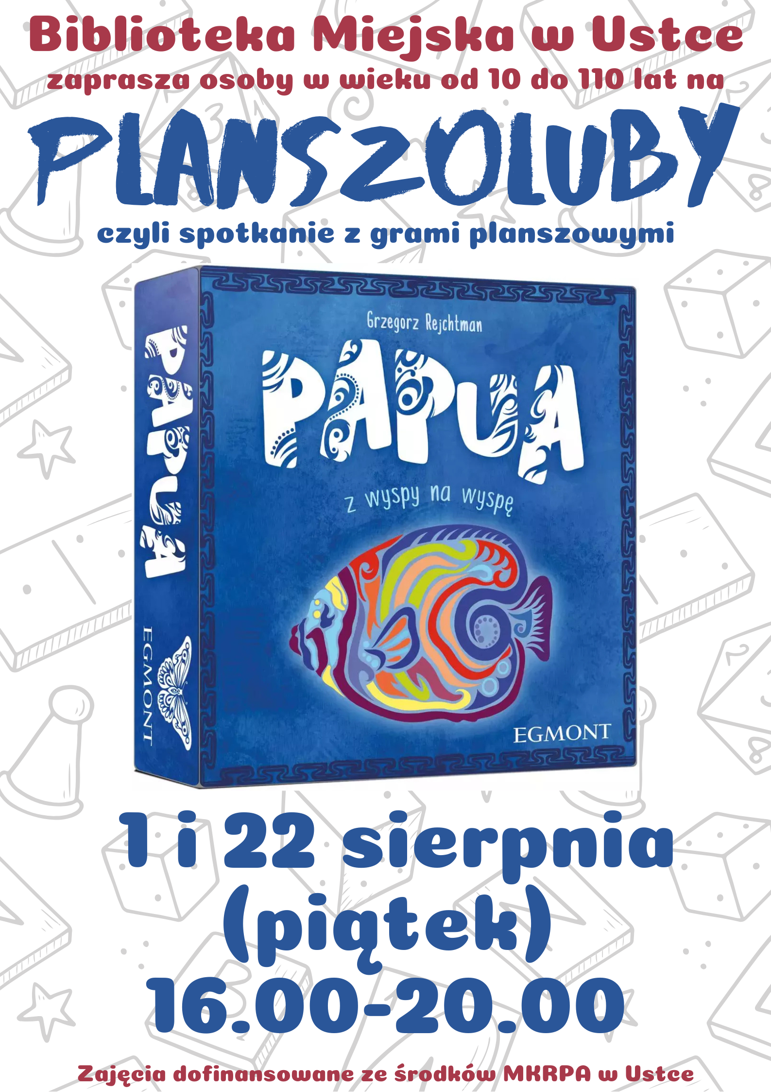 Infografika odnośnie spotkania z grami planszowymi i karcianymi, 22 sierpnia w godz 16.00-20.00