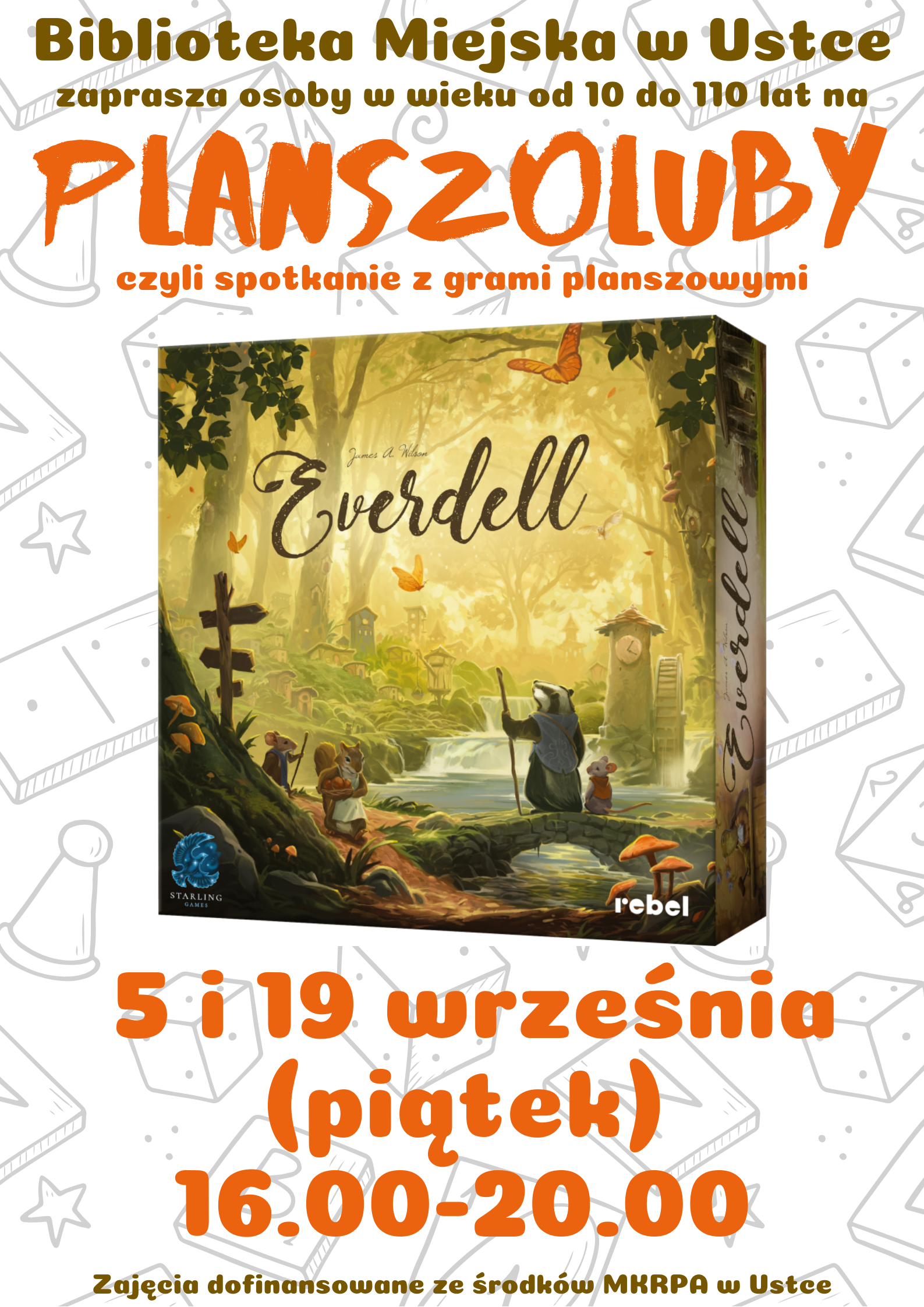 Infografika odnośnie spotkania z grami planszowymi i karcianymi, 19 września w godz 16.00-20.00