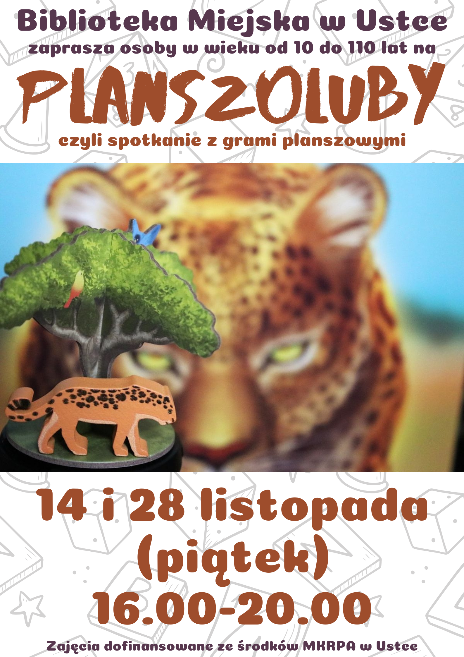 Infografika odnośnie spotkania z grami planszowymi i karcianymi, 14 listopada w godz 16.00-20.00